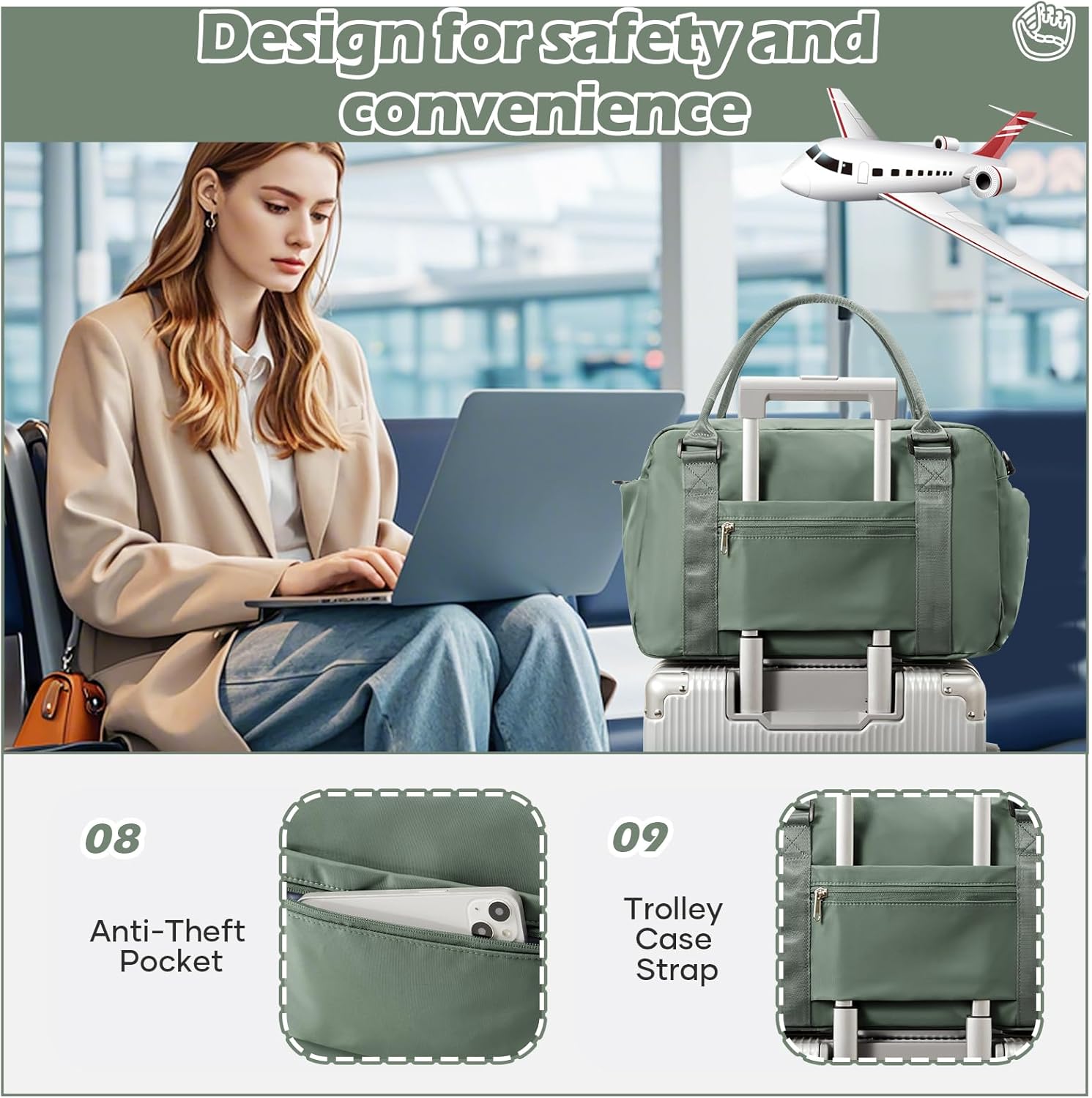 Thumbnail 5 de Reisetasche Damen Sporttasche 40x20x25 cm – Handgepäck 20 Liter, wasserdichte Nassfach, Nylon, B03-Armeegrün