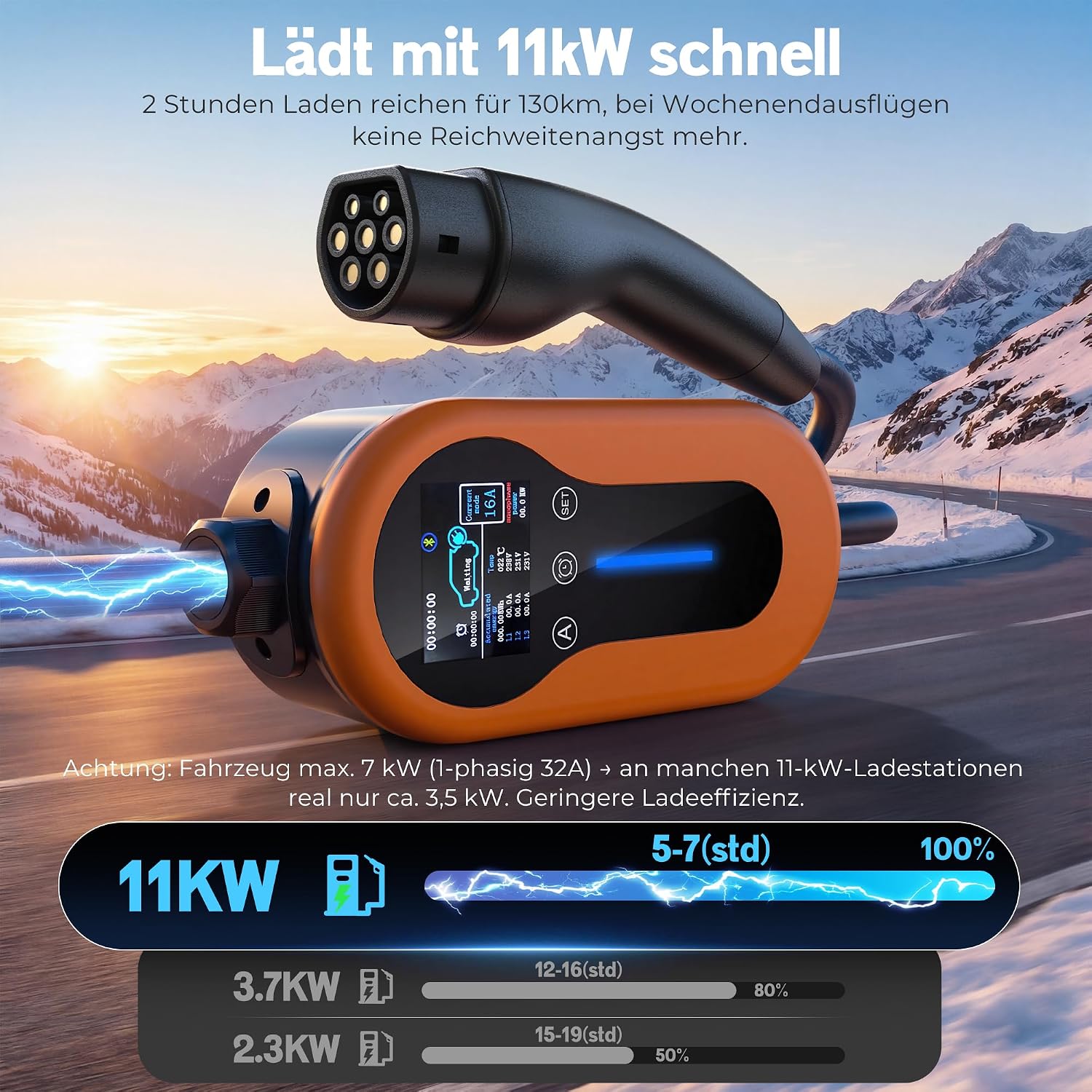 Detalle de Mobile Wallbox 11kW mit App – 7 m Typ 2 Kabel, flexibel lädt unterwegs
