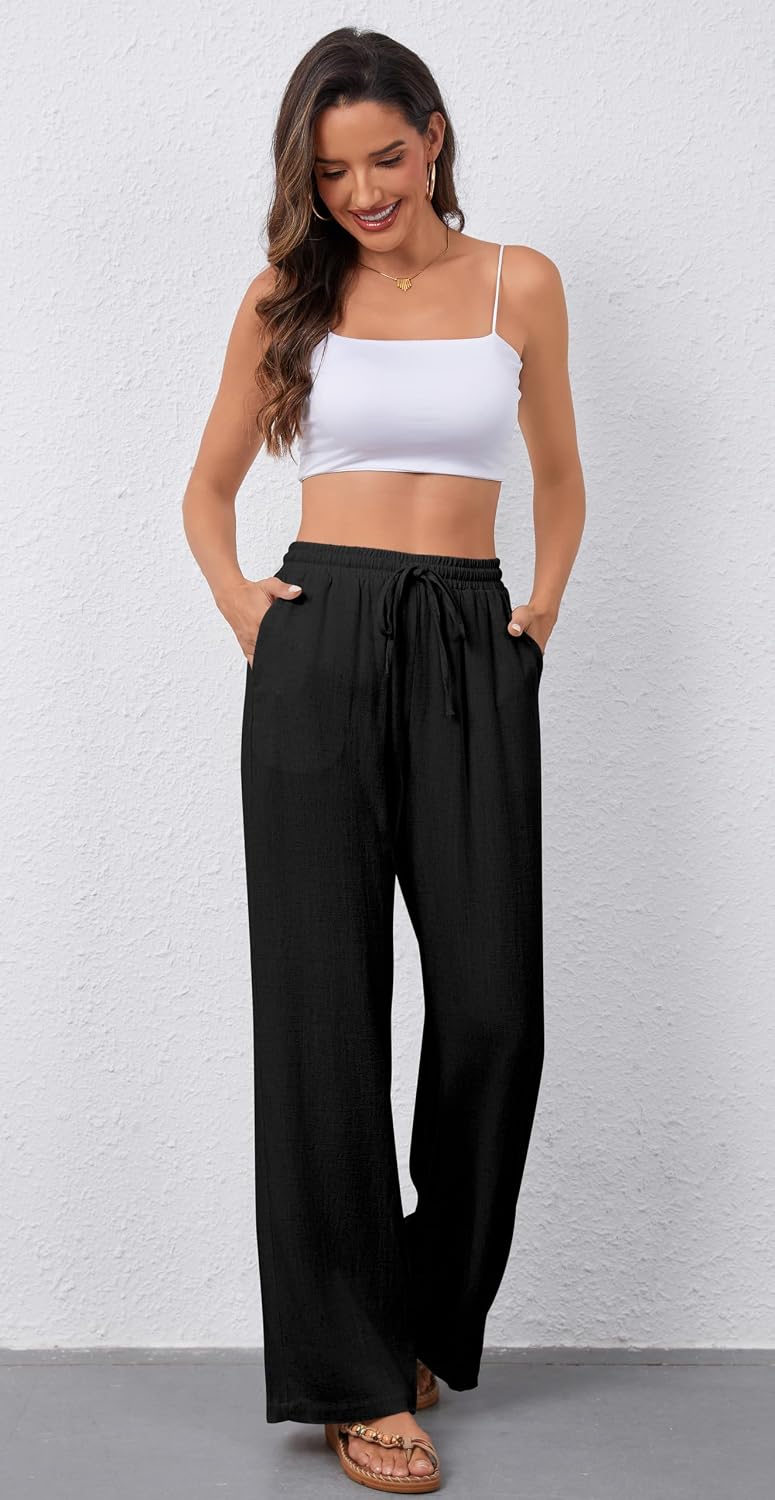 Detalle 2 de hellobaby Women's Cotton-Linen Palazzo Pants, Wide Leg with Drawstring Waist