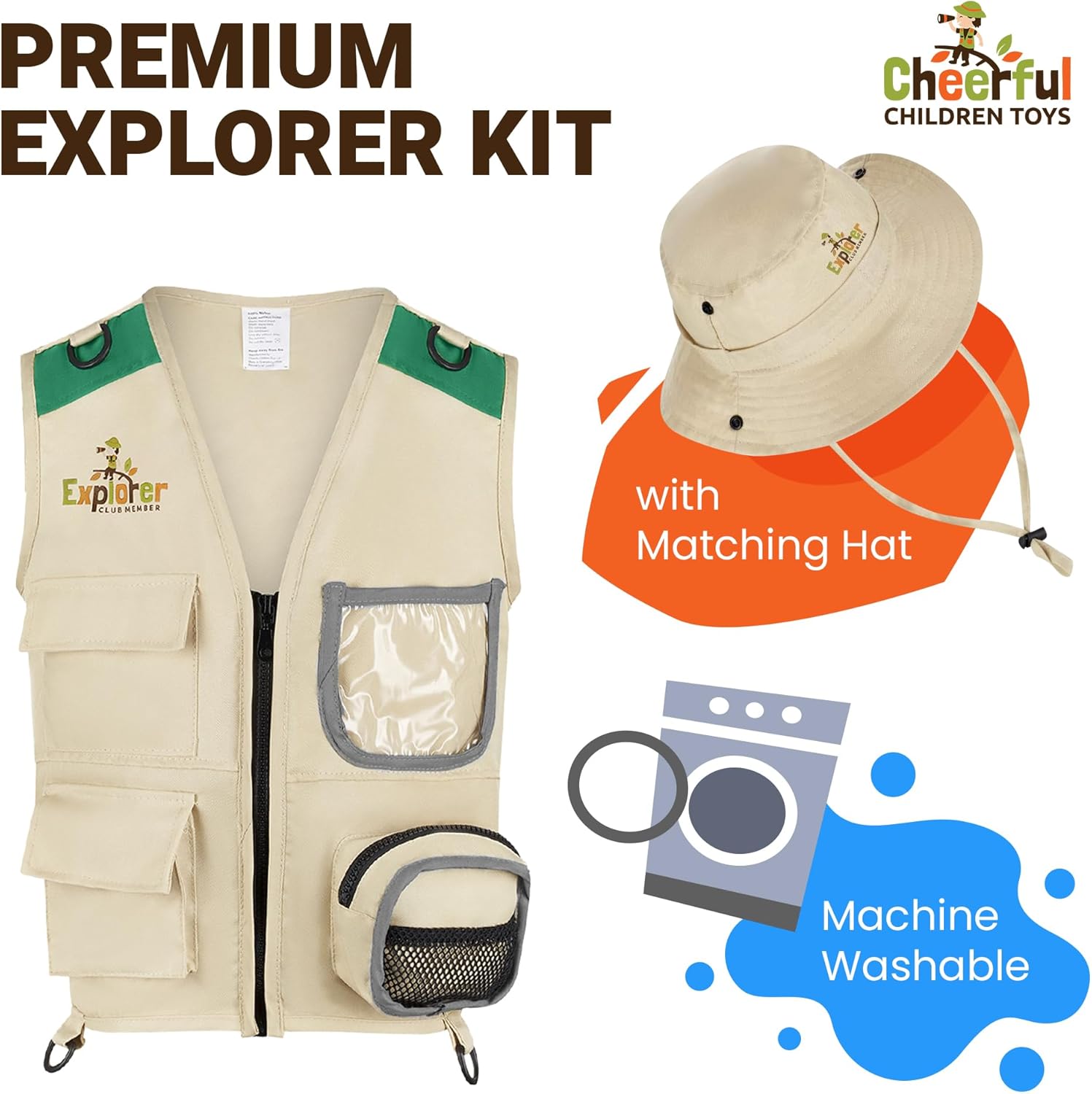 Detalle de Cheerful Children Toys Kids Explorer Costume Kit: Safari Vest, Hat & Educational Handbooks