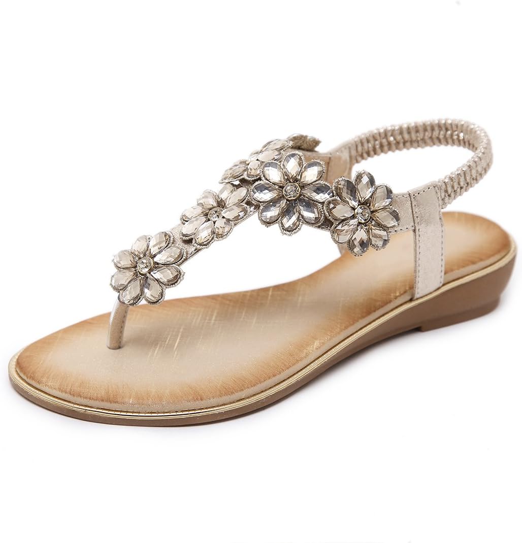 Thumbnail 6 de iCKER Women's Boho Beaded Flat Sandals – Leather PU Upper, Rhinestone Straps & Elastic Ankle Strap