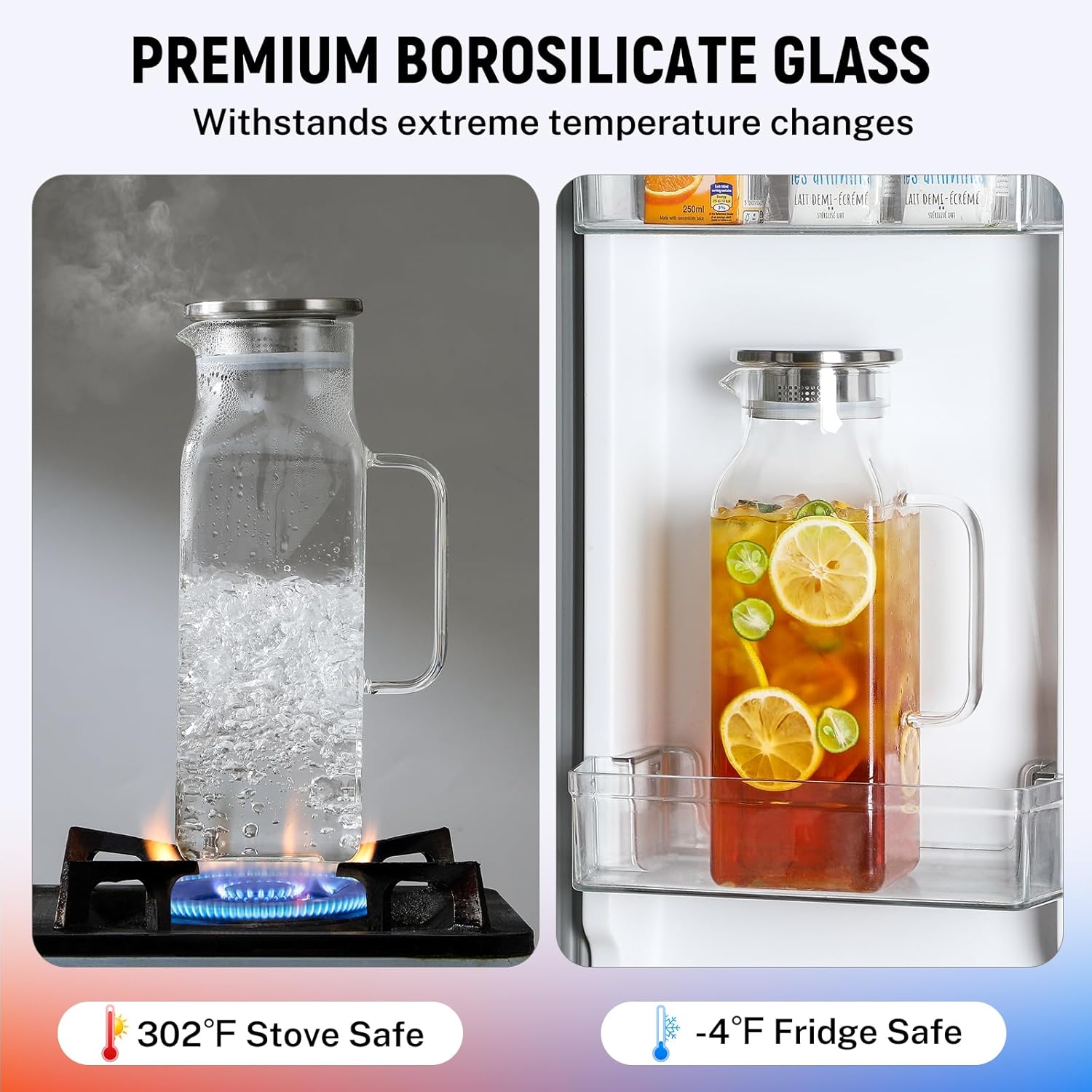 Thumbnail 3 de 2 Quart (68 oz) Square Borosilicate Glass Pitcher with Lid & Spout — Square Fridge Carafe for Hot/Cold Drinks