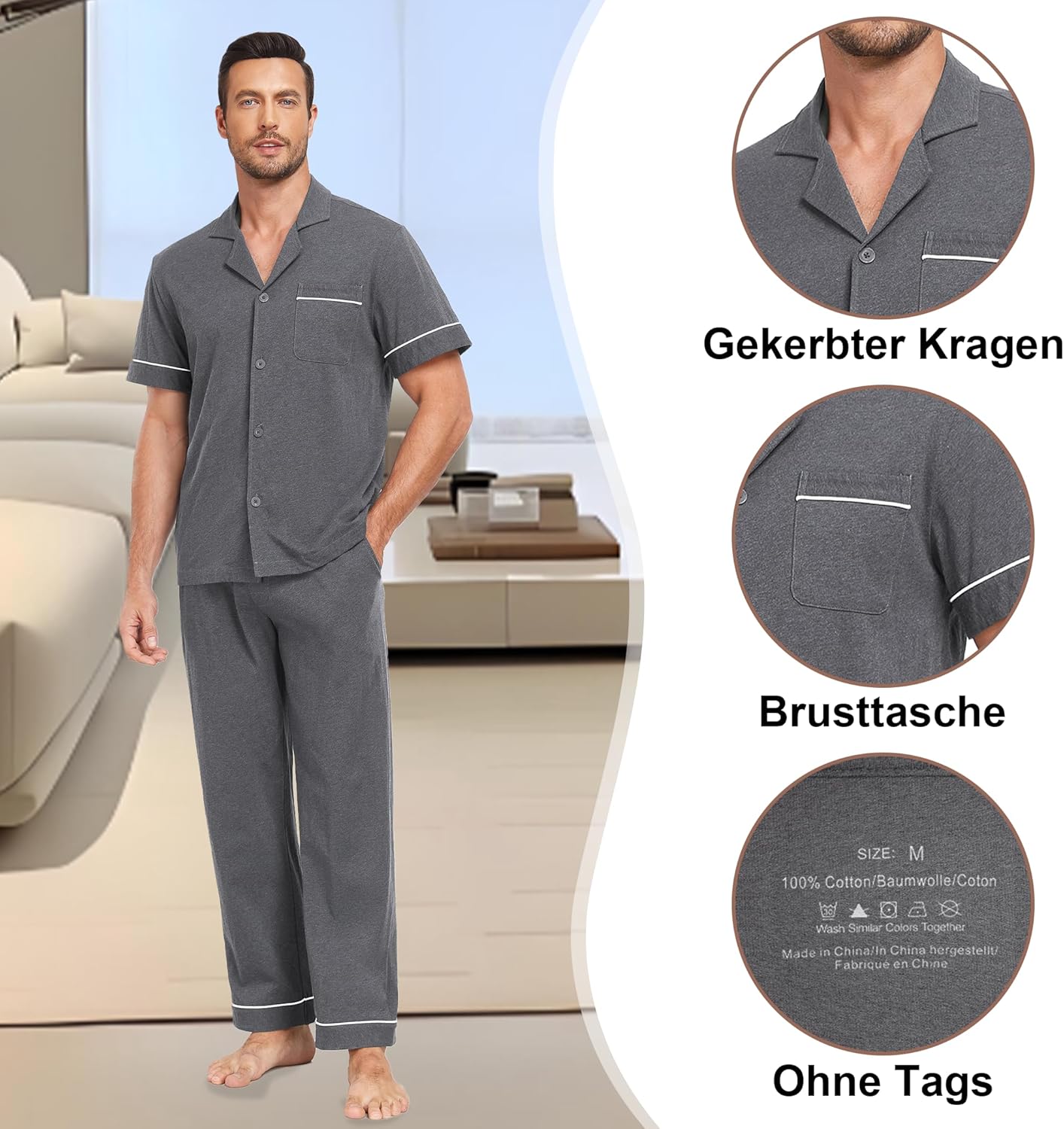 Detalle de EA'S SECRET Herren Schlafanzug-Set 100% Baumwolle | Kurzarm + Langhose, Knopfverschluss, Taschen, S–XXL
