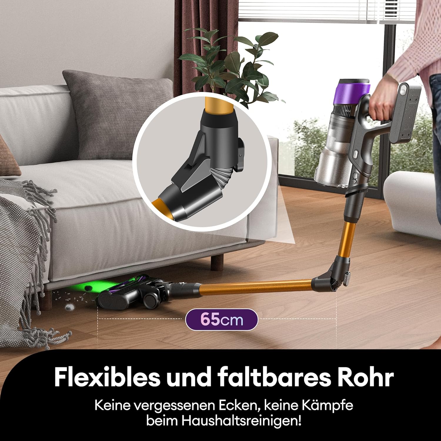 Detalle 2 de Ultenic Akku Staubsauger: 55 KPa, 600 W, 60 Minuten Laufzeit, kabellos mit 180° klappbarem Rohr