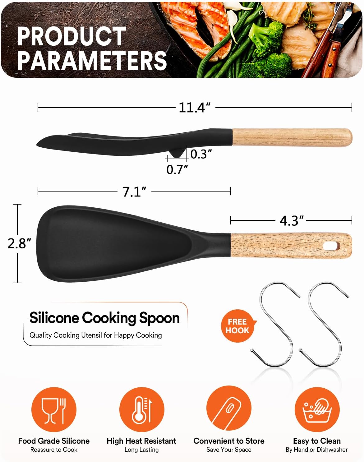 Detalle de Cooking Spoon for Nonstick Cookwares with Wood Handle – 11.4 inch, BPA-Free Matte Silicone