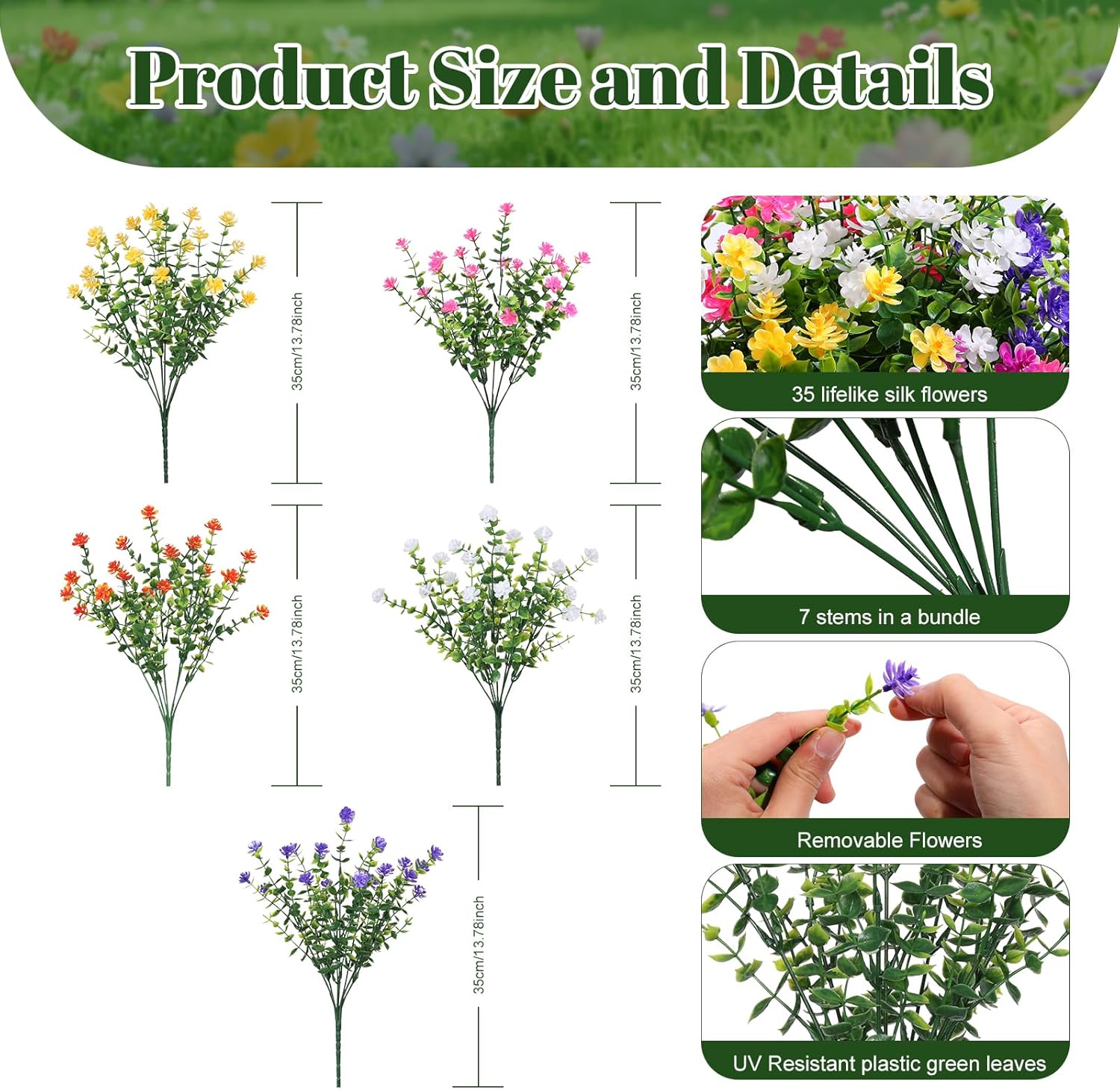 Thumbnail 5 de Alupssuc 20 Bundles Outdoor Artificial Flowers – UV‑Resistant Purple, Rose, Yellow, Orange, White Faux Bushes for Garden, Porch, Vase
