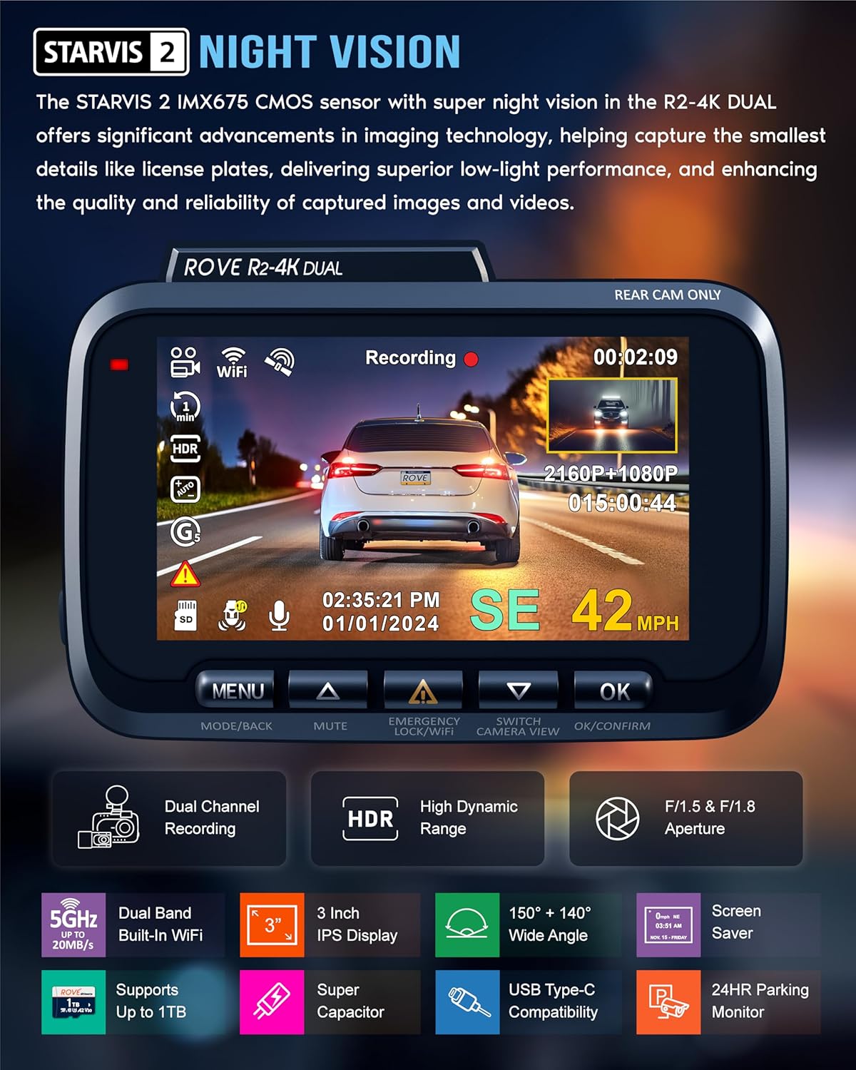 Detalle 2 de ROVE R2-4K Dual Dash Cam 128GB