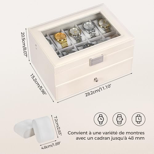 Detalle 2 de BEWISHOME Boite à Montre Organisateur 20 Emplacements – Blanc