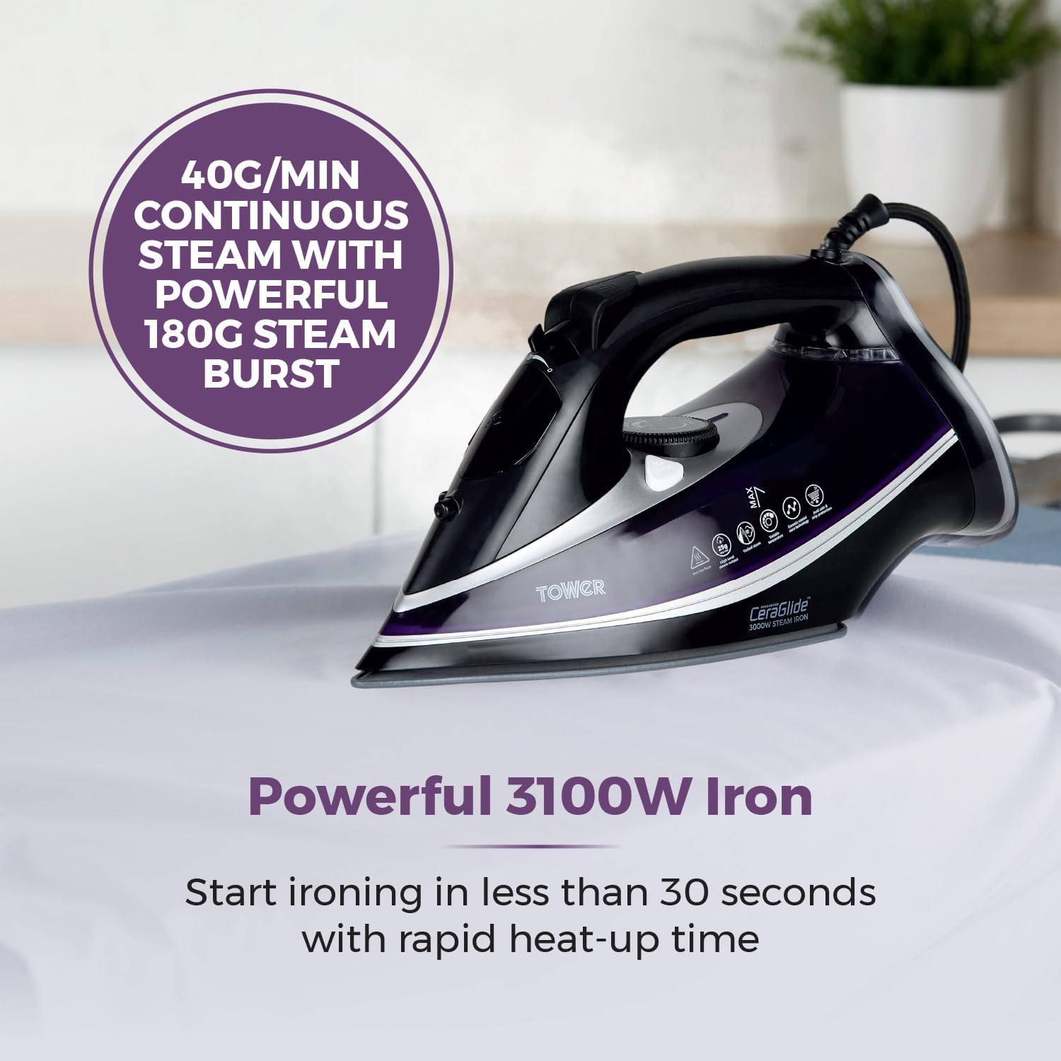 Detalle de Tower Ceraglide Ultra Speed Iron T22013PR with Ceramic Soleplate, 3100W Steam Boost