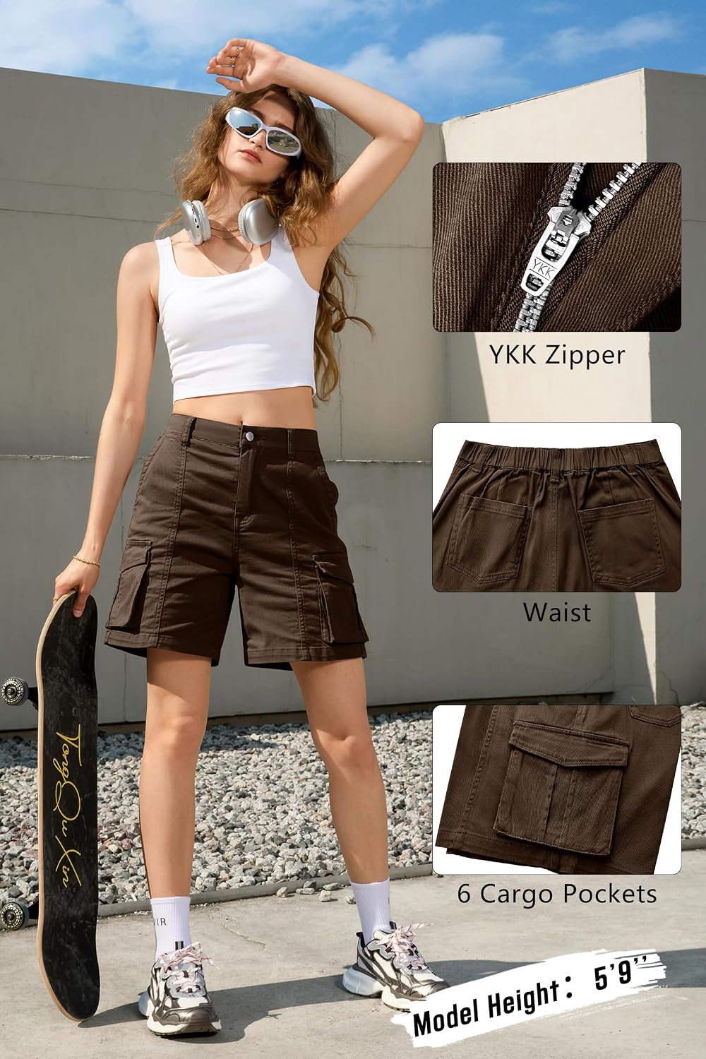 Detalle 2 de IVIR Women's Bermuda Cargo Shorts, Knee-Length, Elastic Waist, 6 Pockets