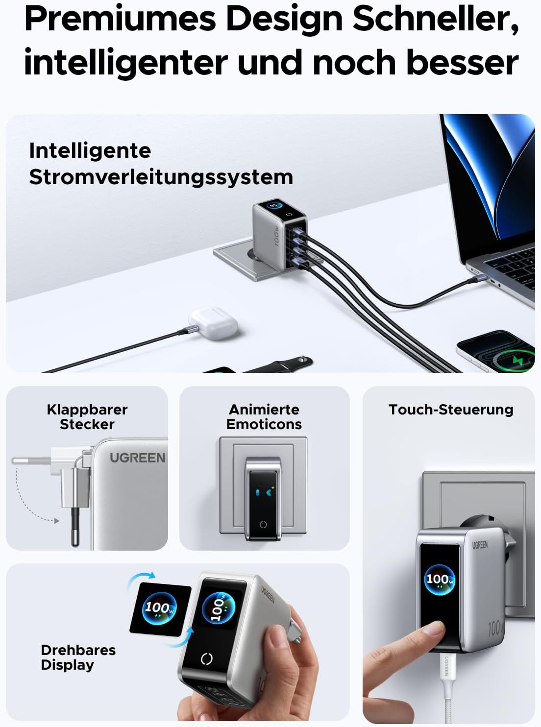 Detalle de UGREEN Nexode Pro 100W USB-C Ladegerät – 4-in-1 GaN Netzteil mit Smart Display