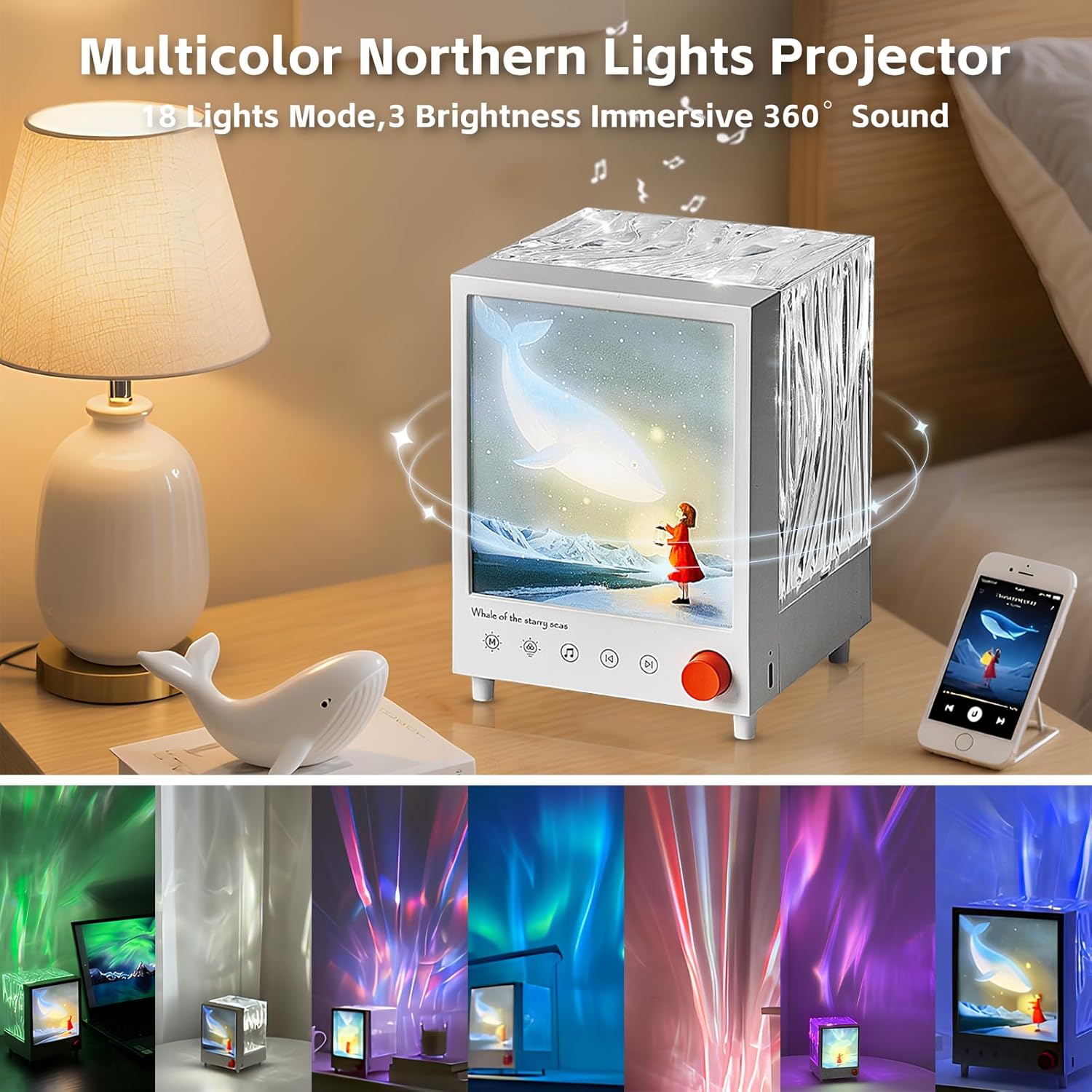Detalle 2 de Nordlicht Projektor Aurora Light – LED-Aurora-Lampe mit Lichtmalerei, 7 Effekten, Bluetooth-Musik und weißem Rauschen