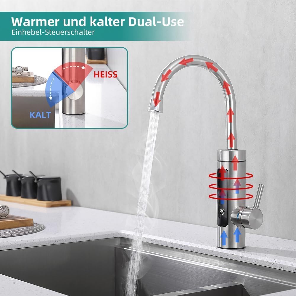 Thumbnail 4 de HOMELODY Elektrischer Wasserhahn mit Durchlauferhitzer (230 V) und LED-Temperaturanzeige – Edelstahl, 360° drehbar