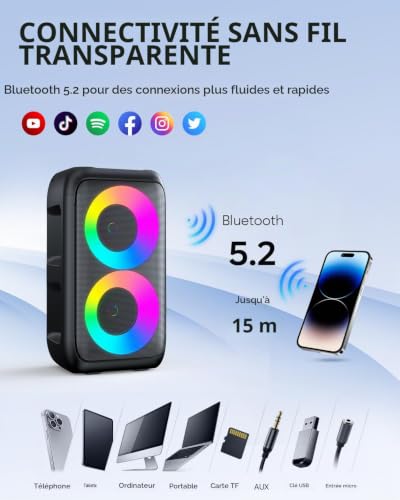 Detalle de HEEBUKE Karaoke Adulte (Nouveauté 2026) – Haut‑Parleur 2x10 W Bluetooth Portable avec 2 Microphones sans Fil