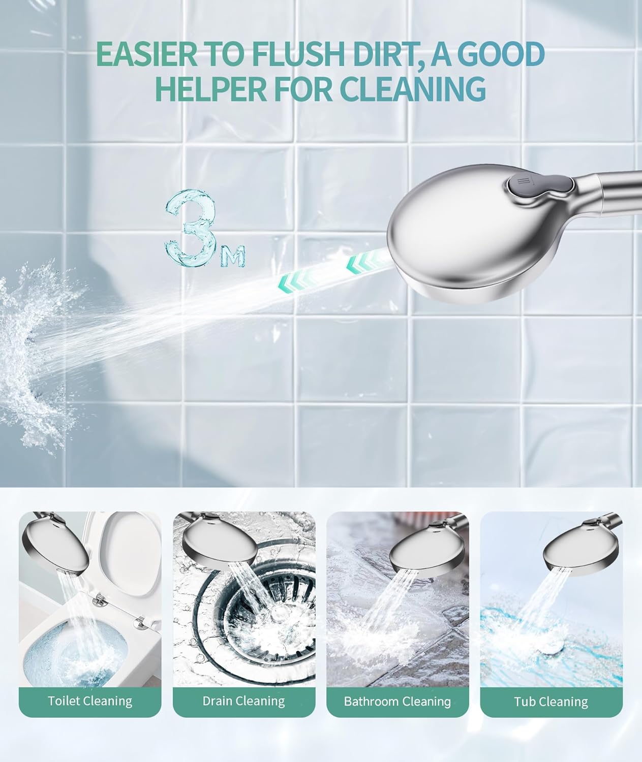 Thumbnail 4 de SR SUN RISE Filtered Shower Head with Handheld High Pressure, 9-Spray Modes & Detachable Design (Chrome)