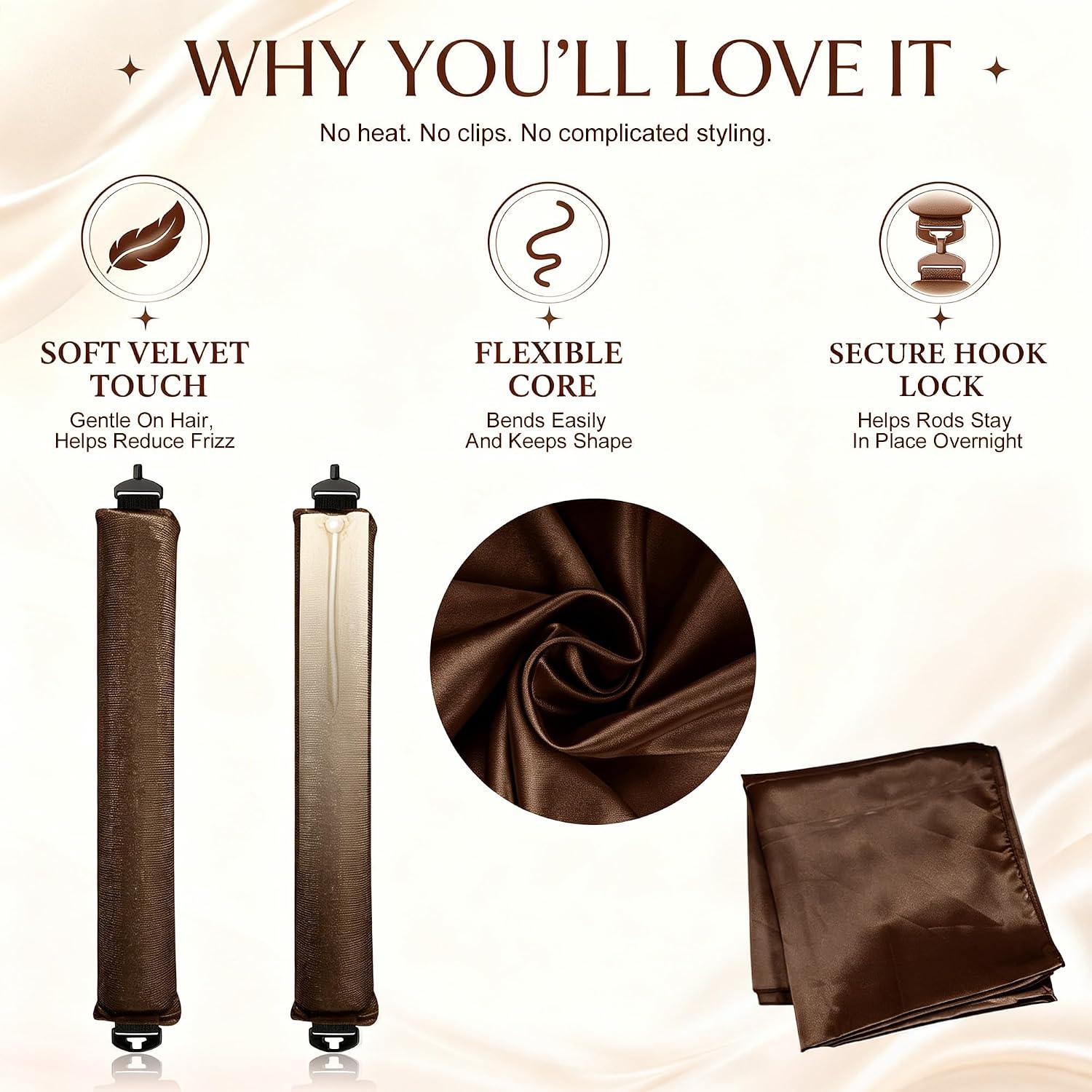 Detalle de TULOBI Jumbo Velvet Heatless Curling Rods with Satin Scarf and Mesh Bag