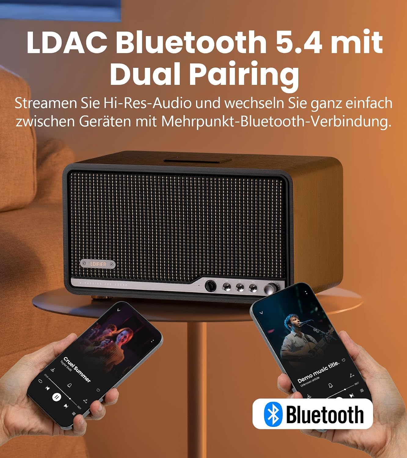Detalle 2 de Edifier S300 kabelloser Hi‑Fi‑Tischlautsprecher mit AirPlay 2, AirPlay‑Multiroom und Fernbedienung (Retro‑Walnussoptik)