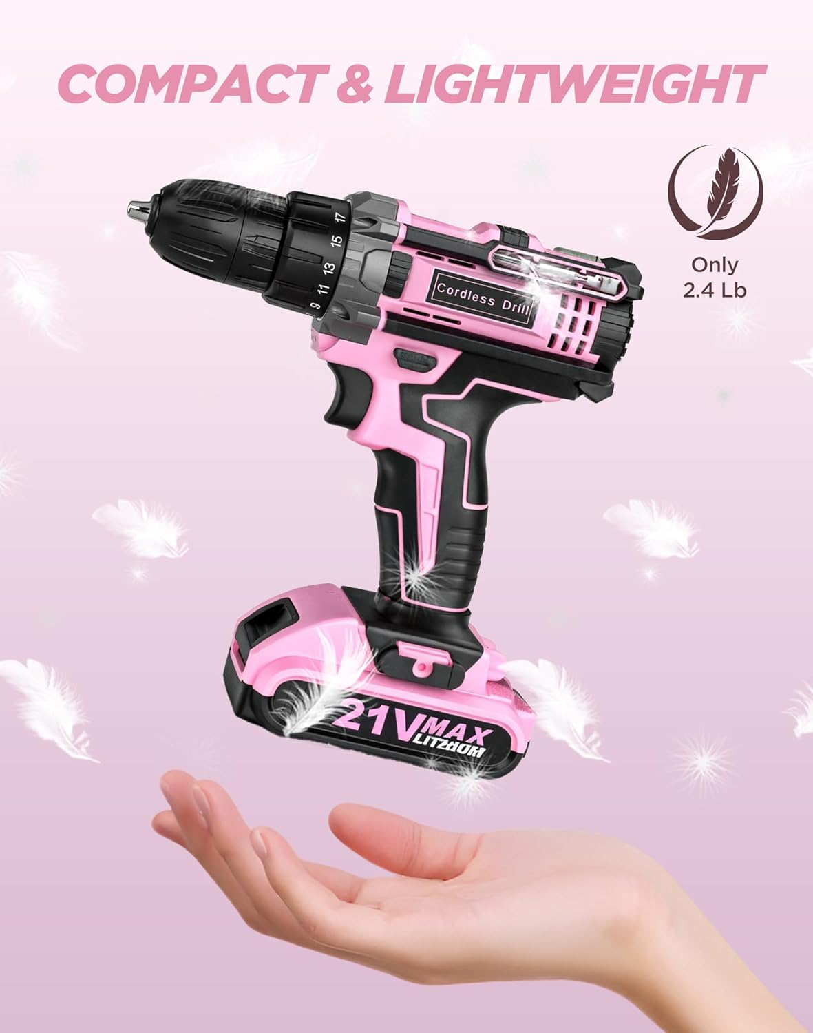 Detalle de Pink Cordless Drill Set 21V with 2 Batteries – 90 Accessory Kit
