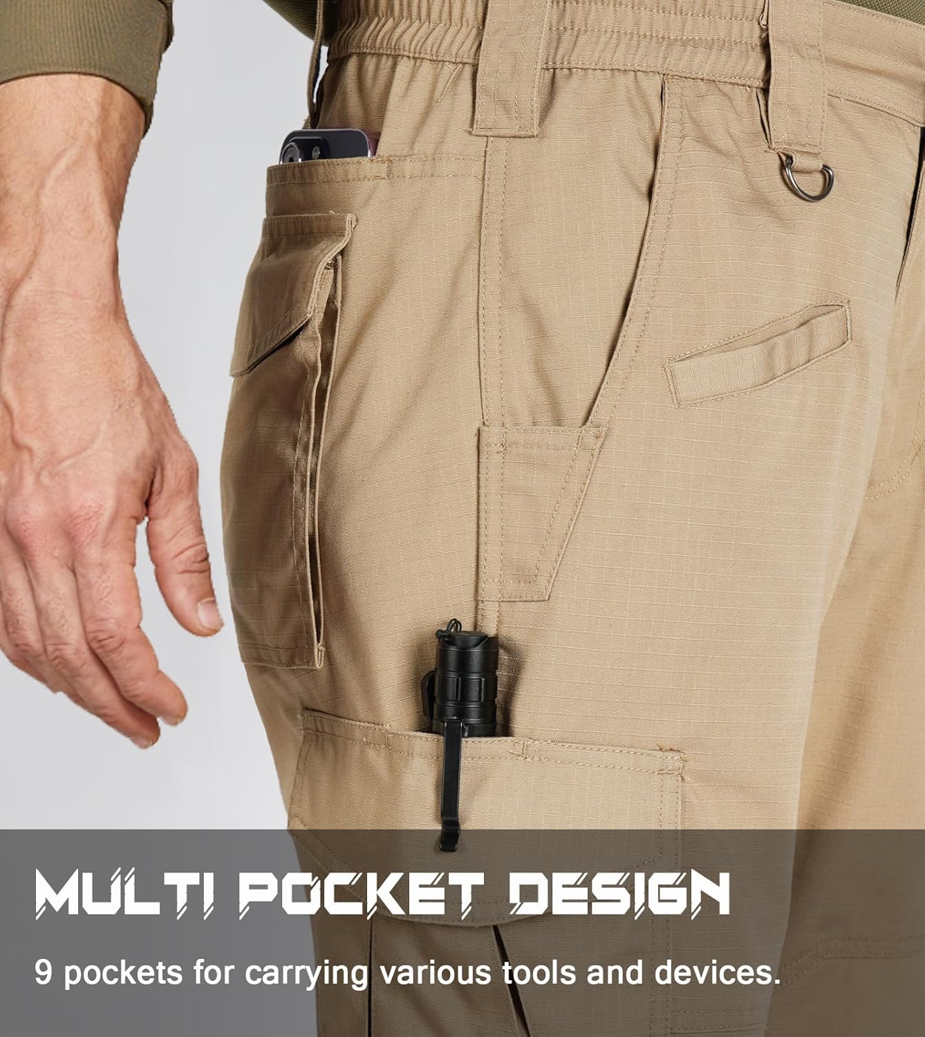 Detalle de SPOSULEI Cargohose Herren – Leichte Outdoor- und Arbeitshose mit Ripstop, 9 Taschen