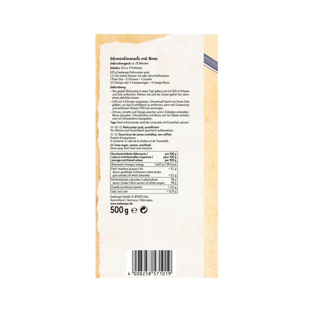 Detalle de Seeberger Rohrzucker 12er Pack (grob, unraffiniert, vegan) – ideal für Cocktails & zum Backen