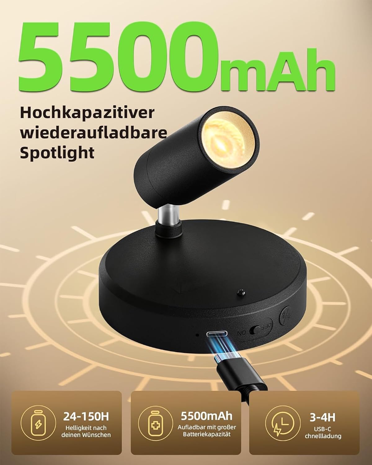 Detalle 2 de EZVALO Kabellose Spotlight Wandlampe „Spotlight 5500mAh“ – dimmbar mit Fernbedienung & Timer, drehbar 350°