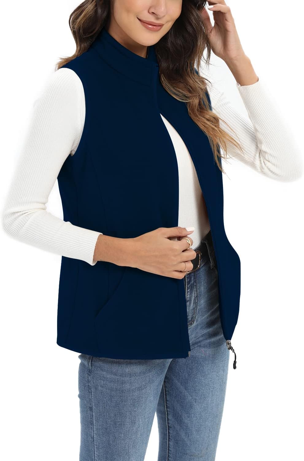 Detalle de Xeoxarel Women's Fleece Vest with 6 Pockets, Full Zip, Stand Collar, XS–XXL