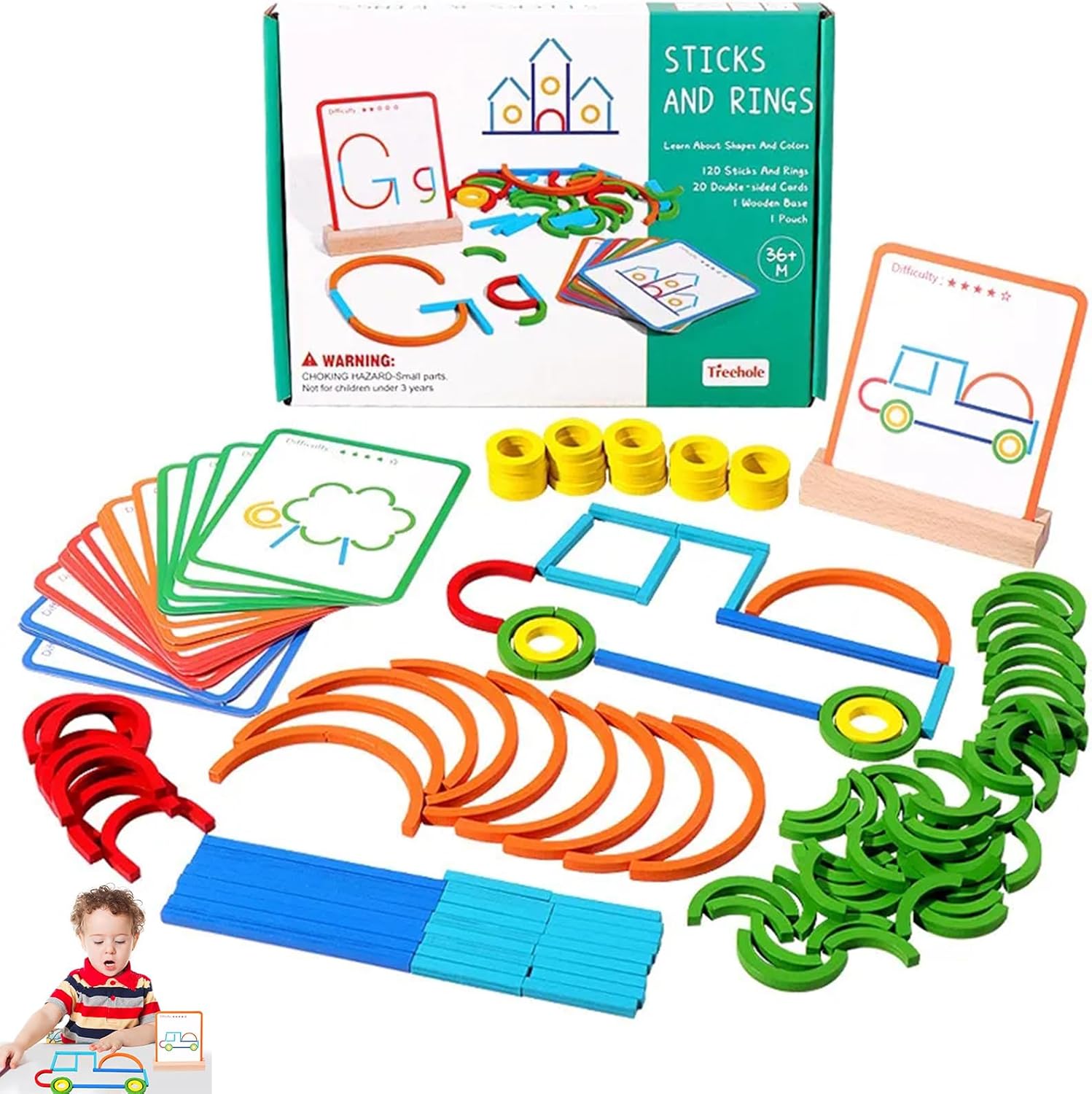 Detalle 2 de Jastown 120pcs Creative Mosaic Puzzle — Wooden Pattern Blocks Set for Early Learning
