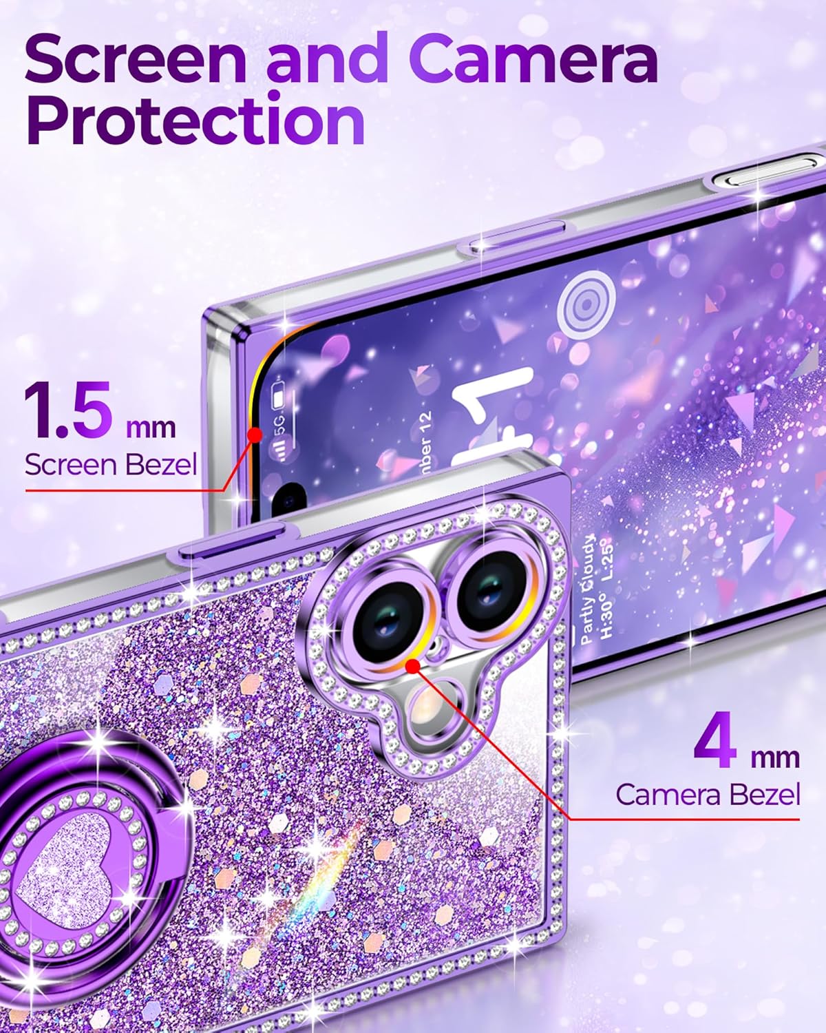 Detalle 2 de XYZ for iPhone 17 Case with Glitter Bling, 2-Way Ring Stand & Lanyard — Purple