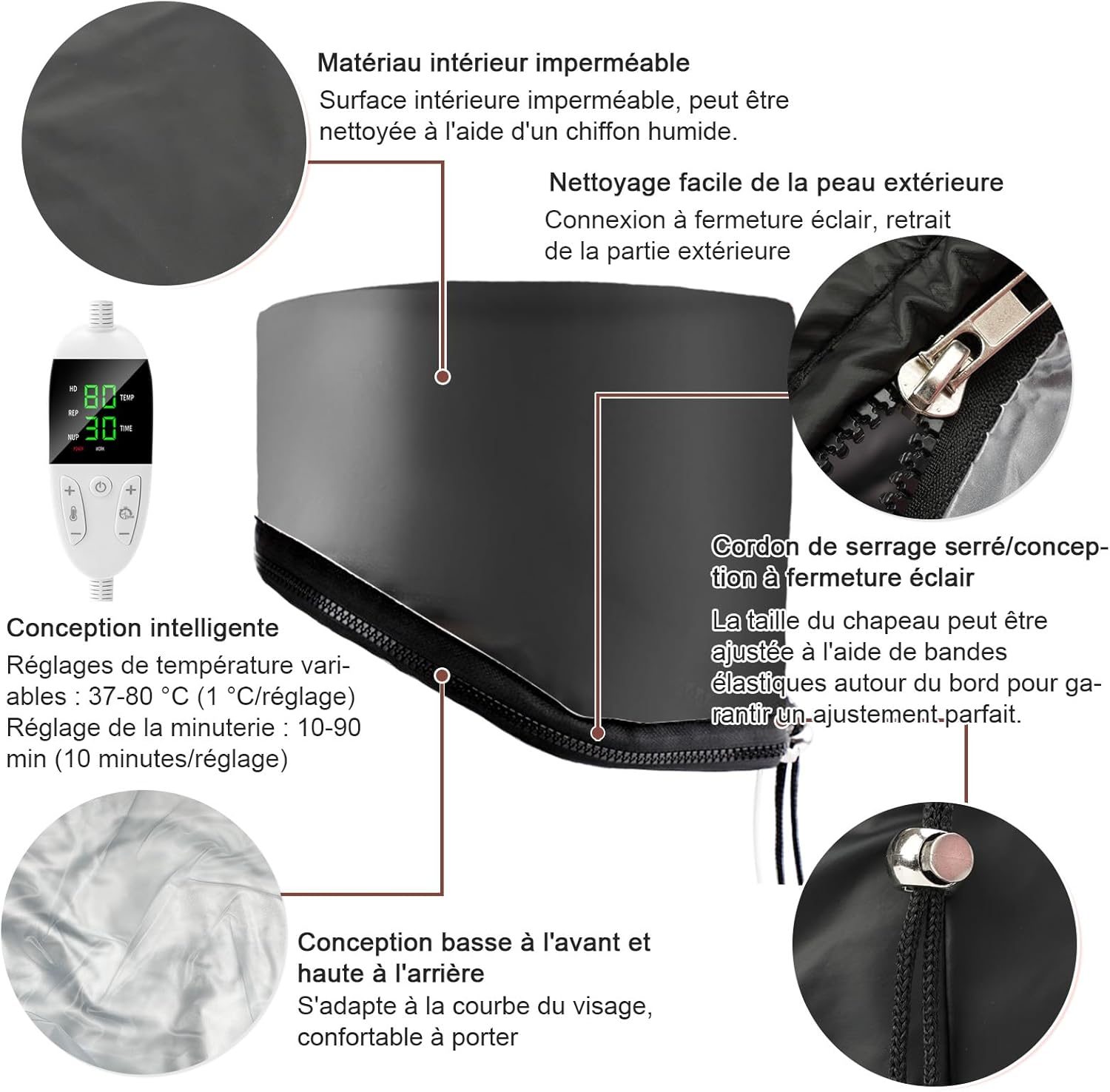 Detalle de Biutee casque chauffant à vapeur pour soins capillaires (bonnet électrique) – noir