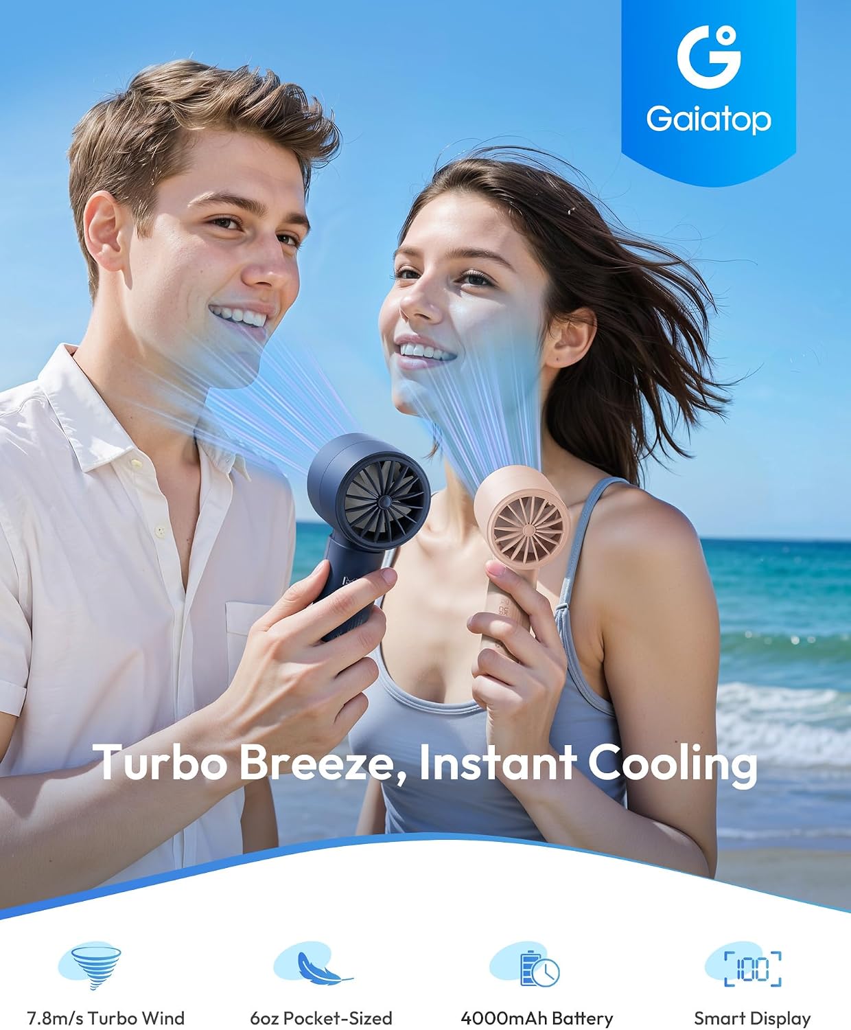 Thumbnail 2 de Gaiatop Powerful Handheld Fan Rechargeable with 100-Level Turbo Speed – 4000mAh, Black