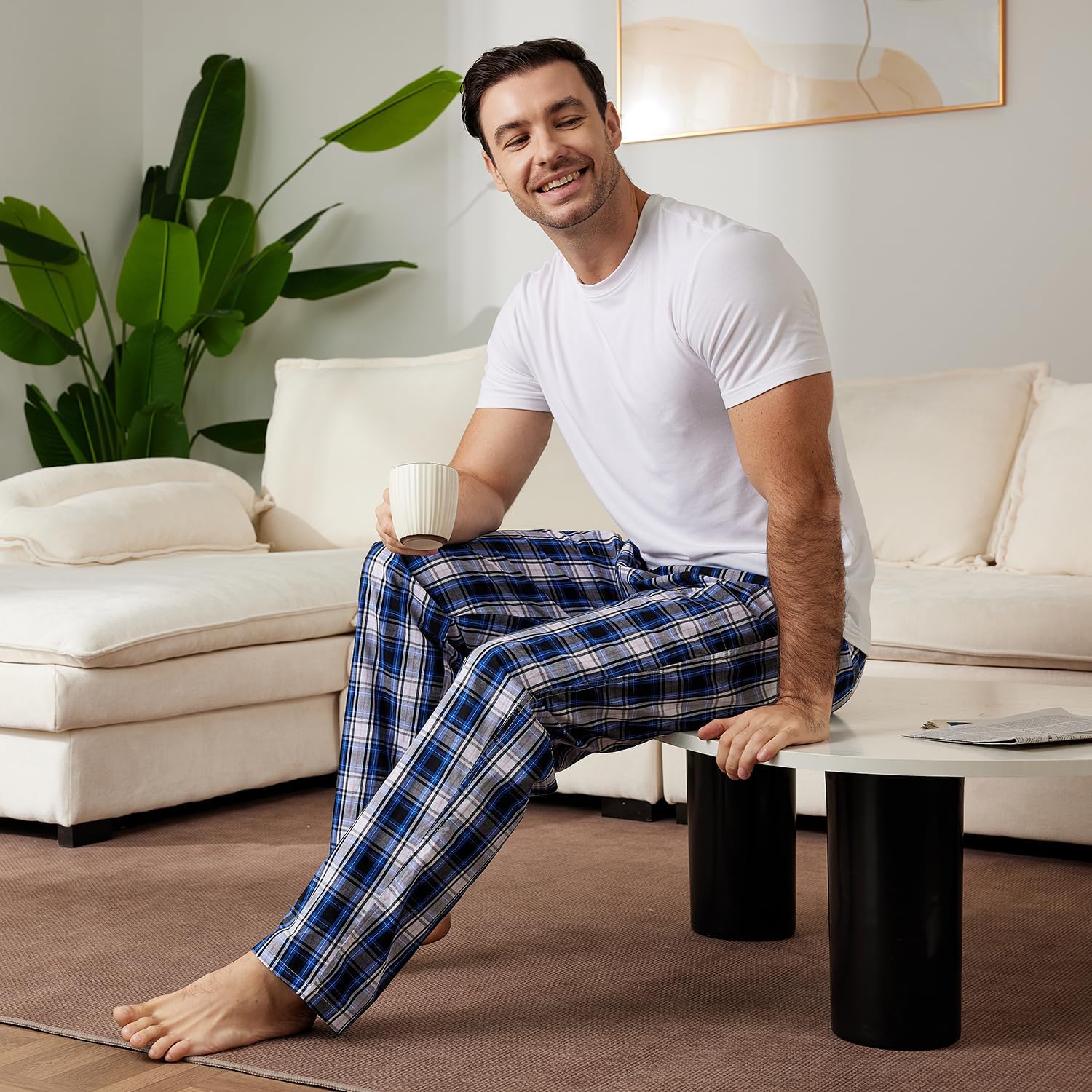 Detalle de MoFiz Men’s Ultra Lightweight Cotton Pajama Pants (Plaid) with Pocket, Drawstring, 3-Pack