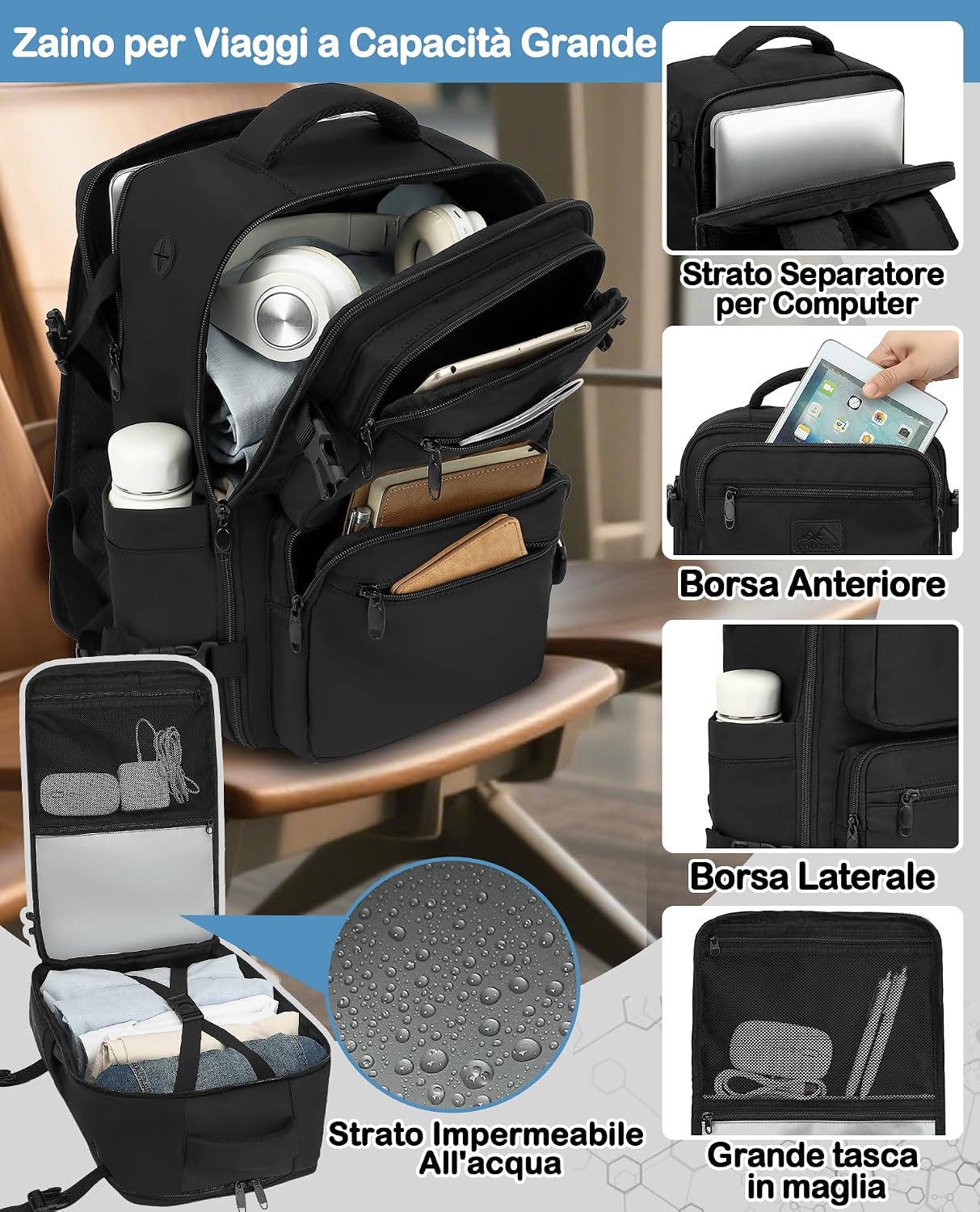 Detalle de LYNXCHER Zaino Ryanair 40x30x20 Bagaglio a Mano 24L, Nero