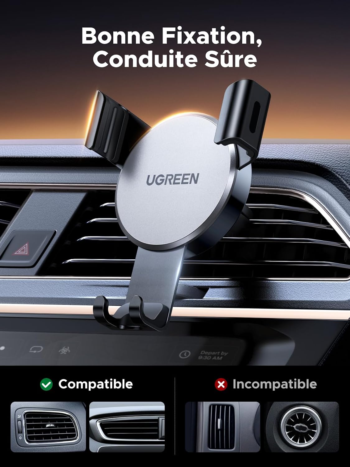 Detalle 2 de UGREEN Car Phone Holder Air Vent, Gravity Mount for 4.7–7.2-inch Phones, Silver