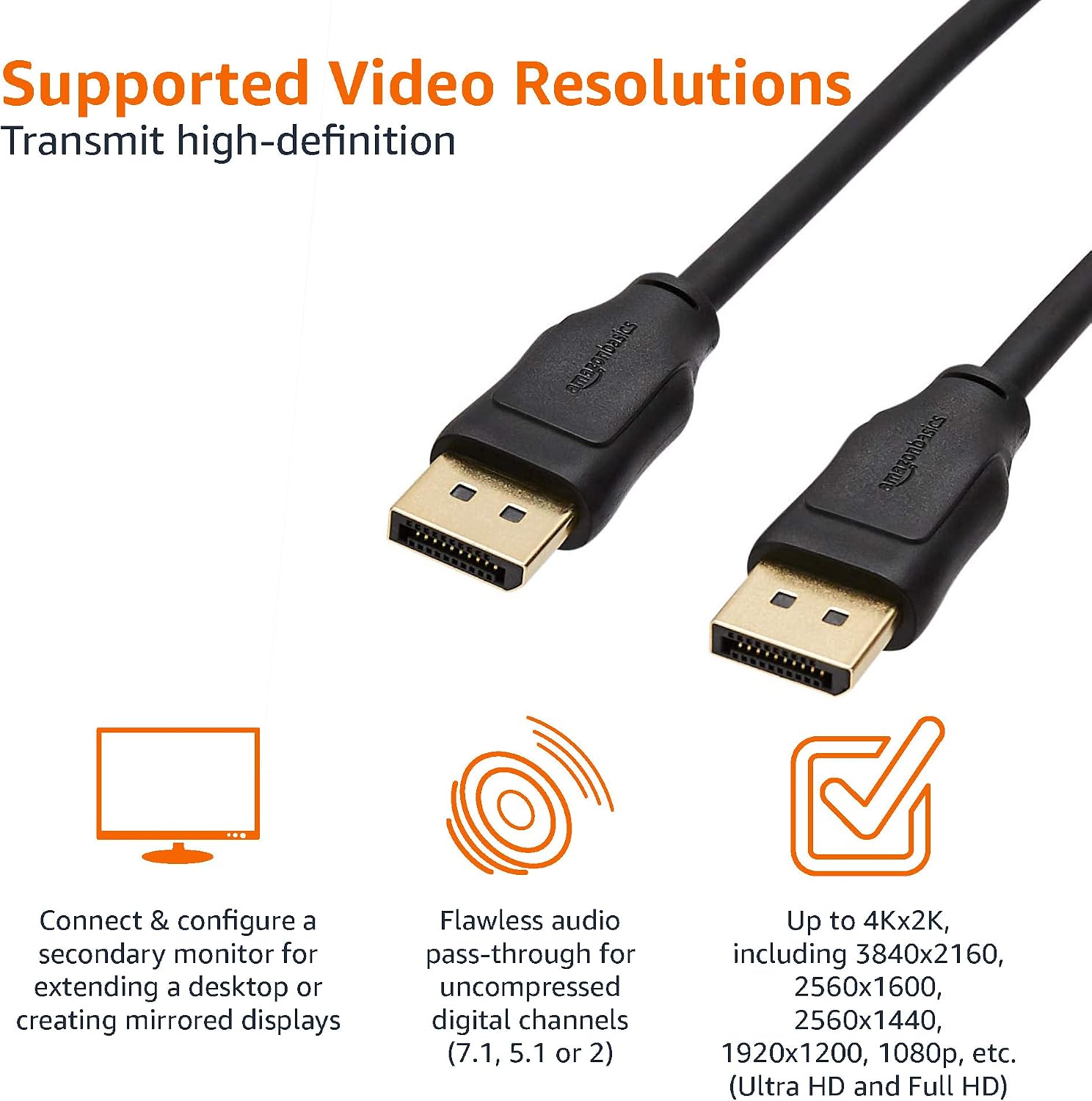 Thumbnail 2 de Amazon Basics DisplayPort 1.2 Cable (3 m) – 21.6Gbps, 4K@60Hz / 2K@165Hz, gold-plated