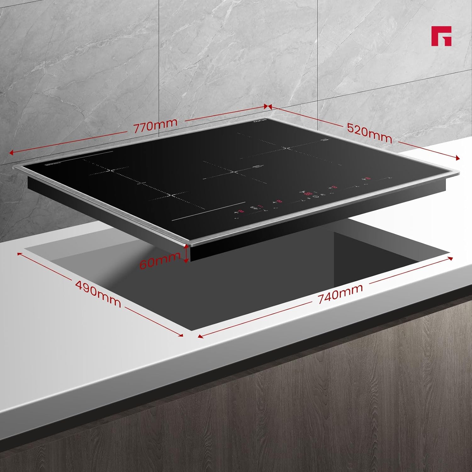 Thumbnail 5 de GASLAND IH774BFB Plaque de cuisson induction encastrable 77 cm – 4 foyers, cadre inox, zone BBQ