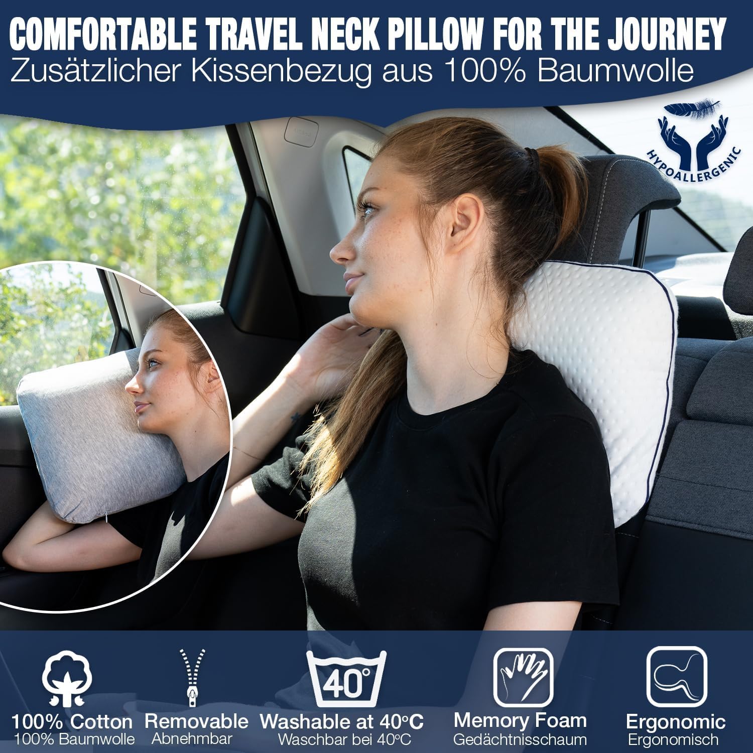 Detalle 2 de Alkamto Cuscino da viaggio ortopedico in memory foam con federa regolazione temperatura
