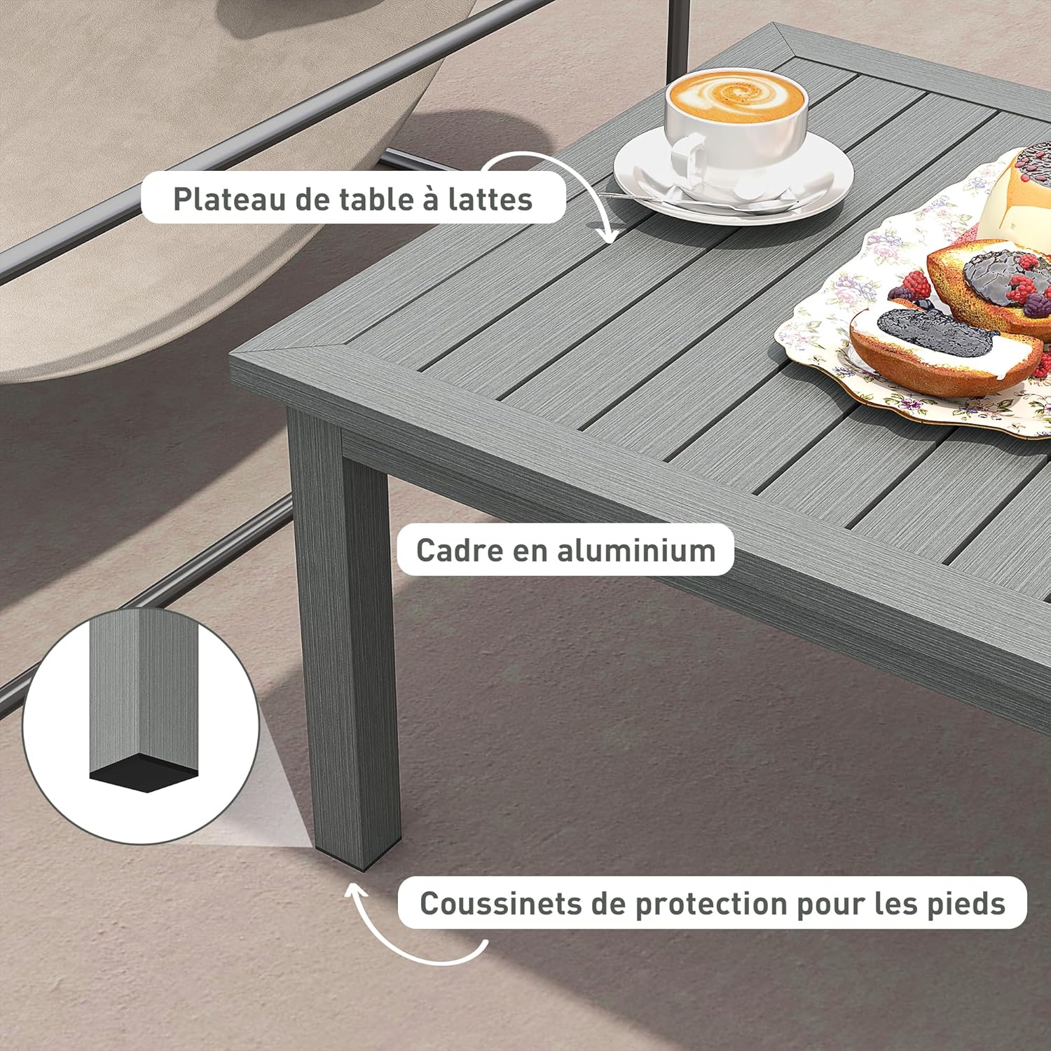 Detalle 2 de Outsunny Table basse rectangulaire de jardin en aluminium grise (100 x 60 x 37 cm)