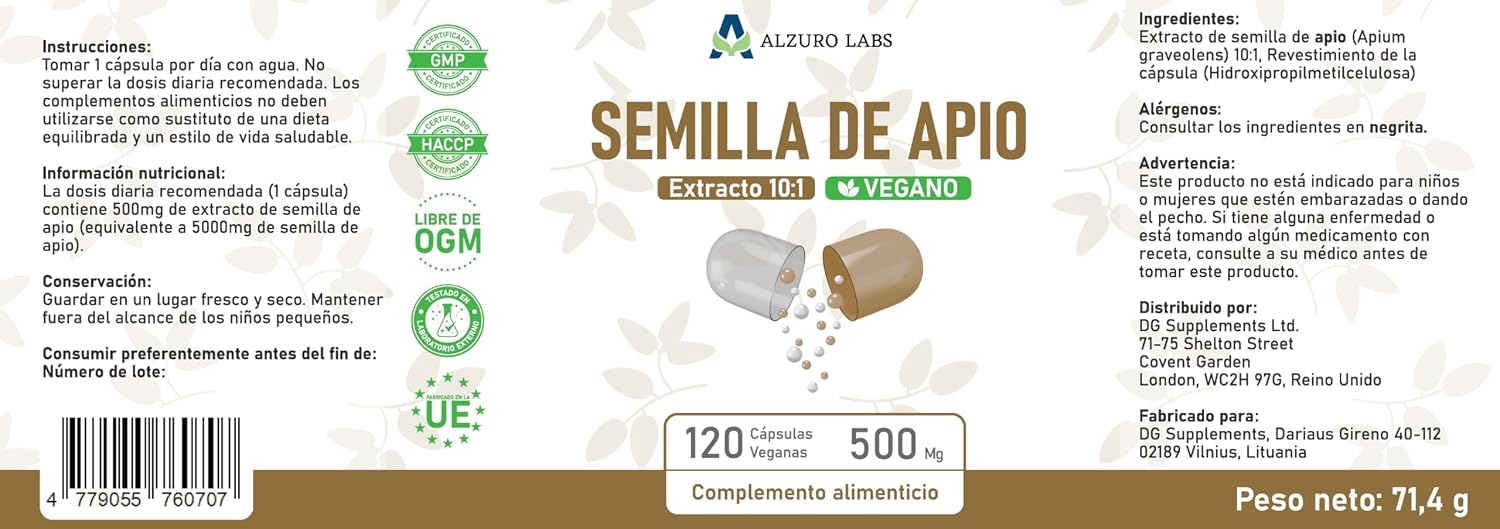 Thumbnail 1 de Alzuro Labs Extrait de graines de céleri 500 mg (10:1) – 120 gélules végétaliennes