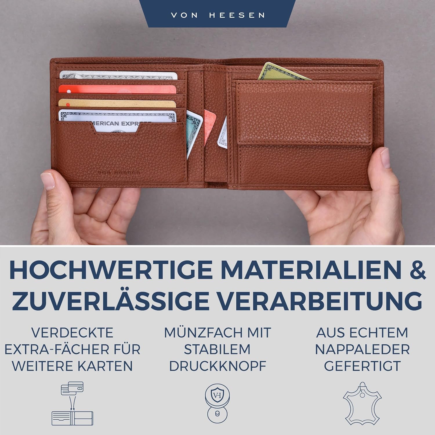 Detalle 2 de VON HEESEN Leder-Geldbörse mit RFID-Schutz aus Echtleder (Cognac-Braun)