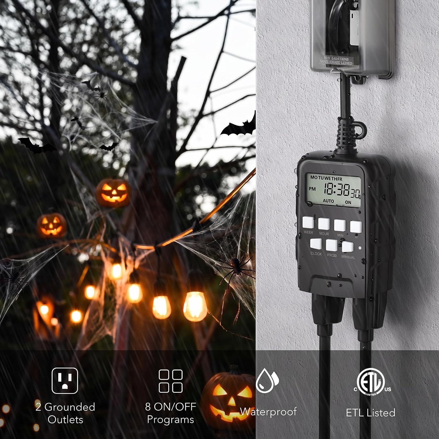 Detalle de BN-LINK U78-2Pack Outdoor 7-Day Programmable Timer, 2 Grounded Outlets