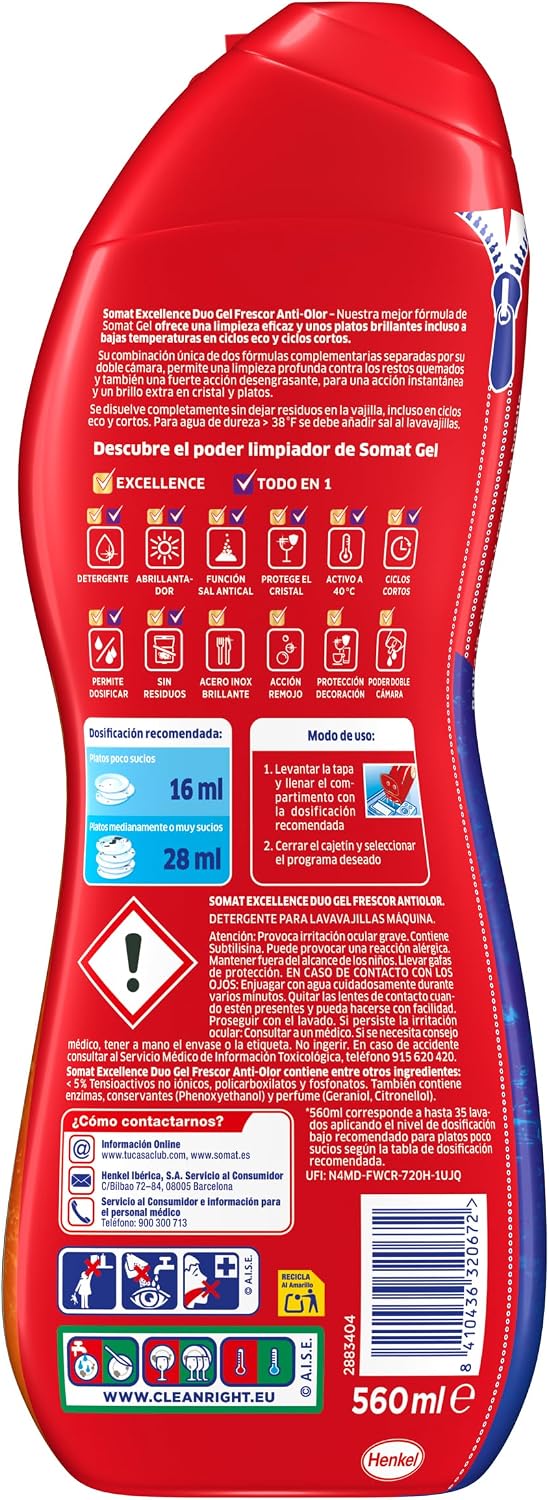 Detalle 2 de Somat Excellence Duo Gel Frescor Anti-Olor (2x560 ml) detergente lavavajillas todo en 1 con vinagre