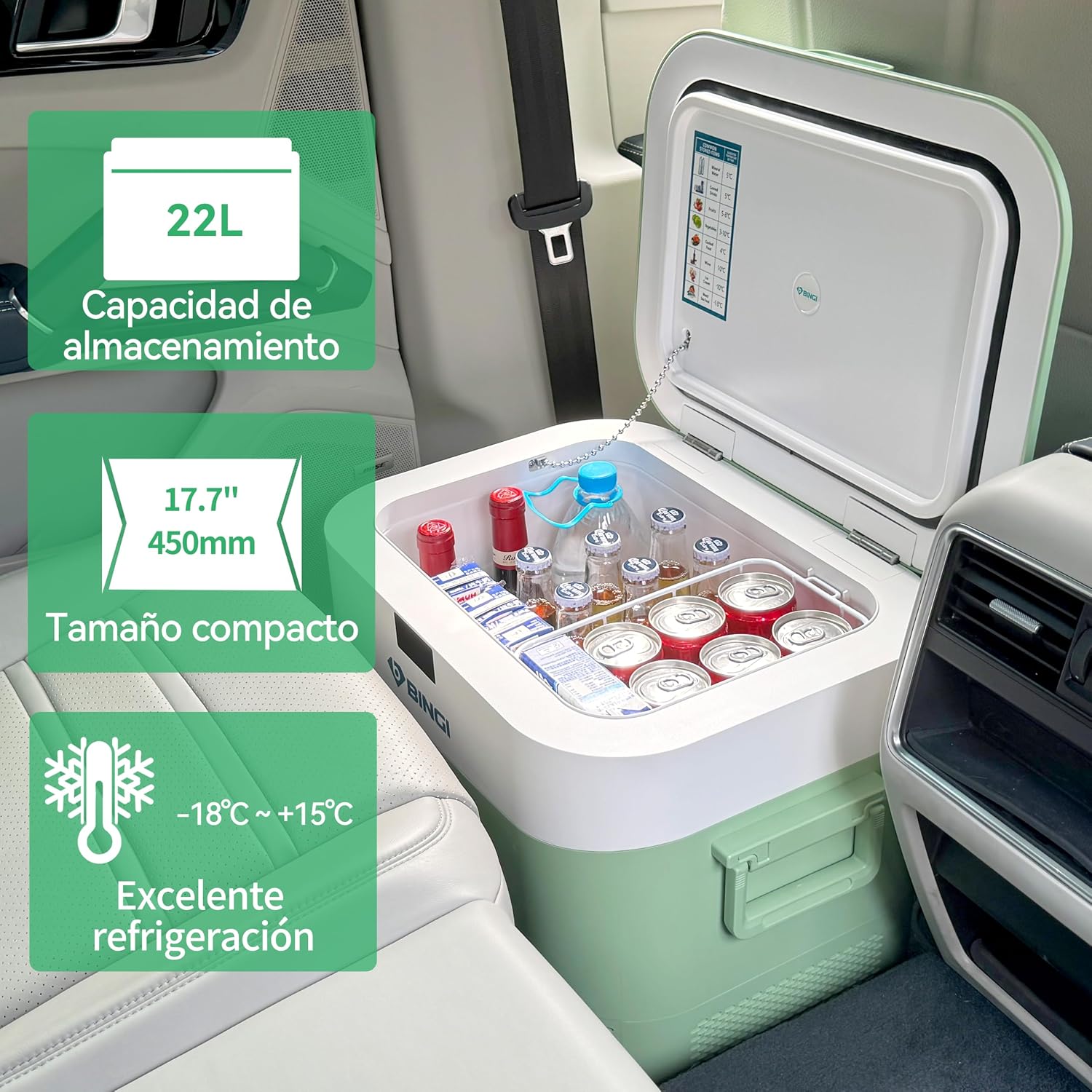 Detalle de BINGI Nevera Portátil Eléctrica 22L: frigorífico y congelador compacto para coche, camping y casa