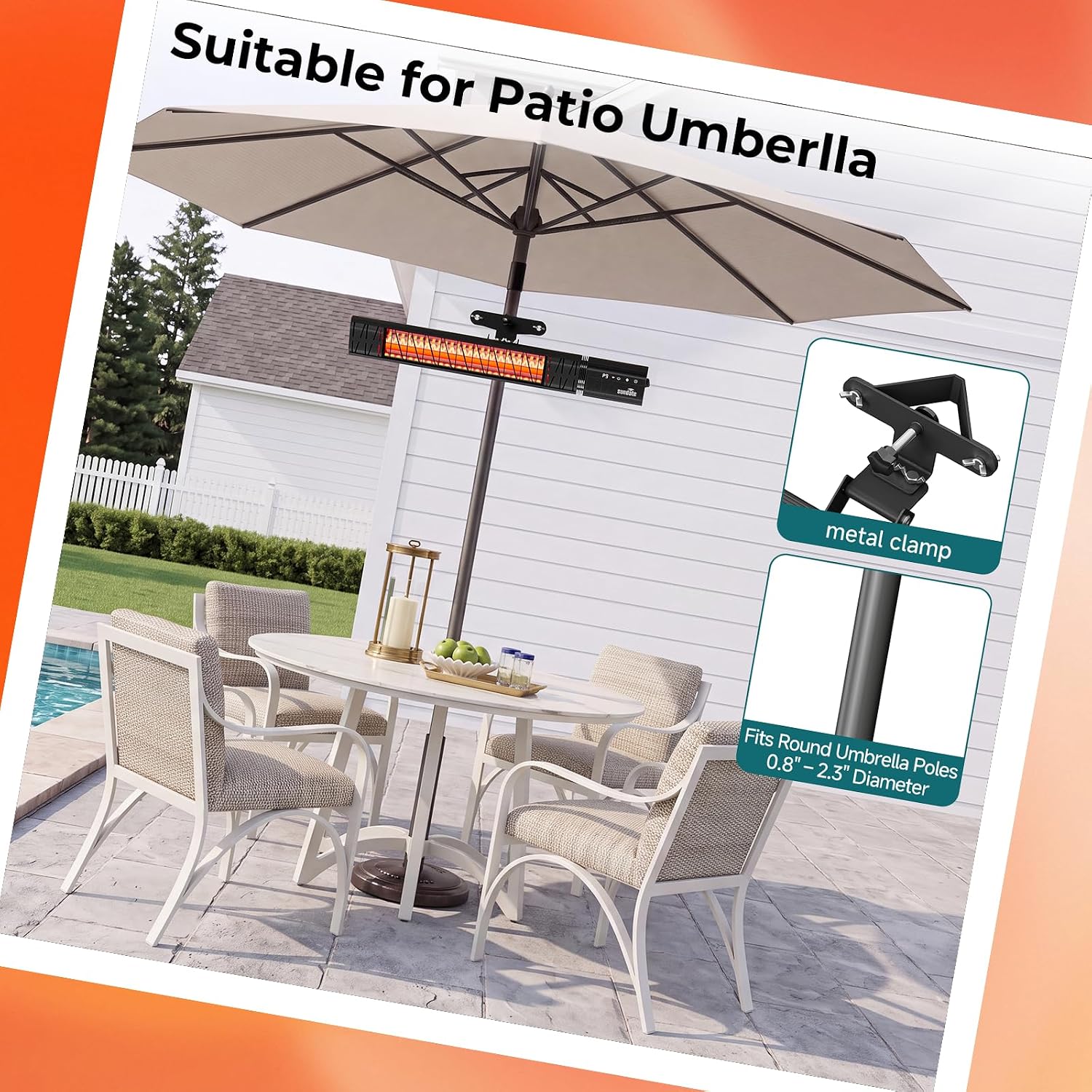 Detalle de Sundate T17-GW15B Outdoor Patio Heater, 1500W Carbon Fiber, Wi-Fi Control