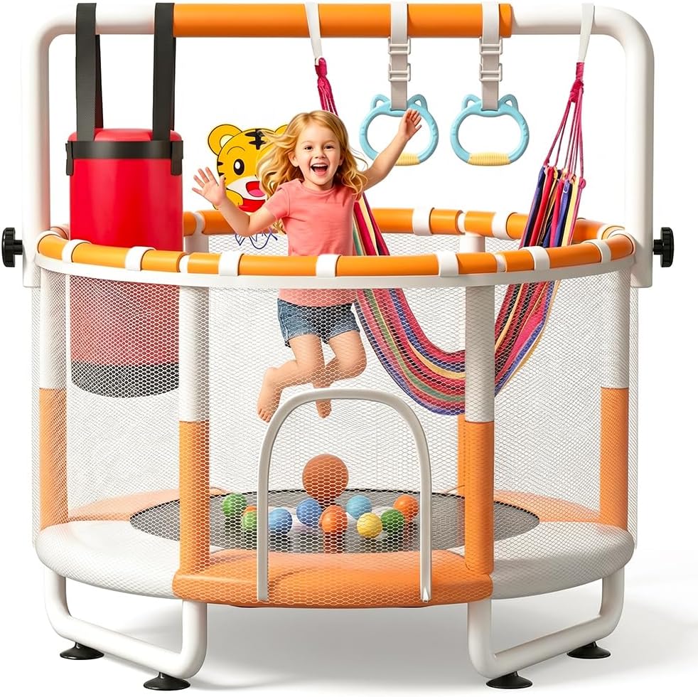KINETRA 55" Kids Indoor Trampoline with Safety Net, Adjustable Gymnastics Bar & Toys (Ages 3+)