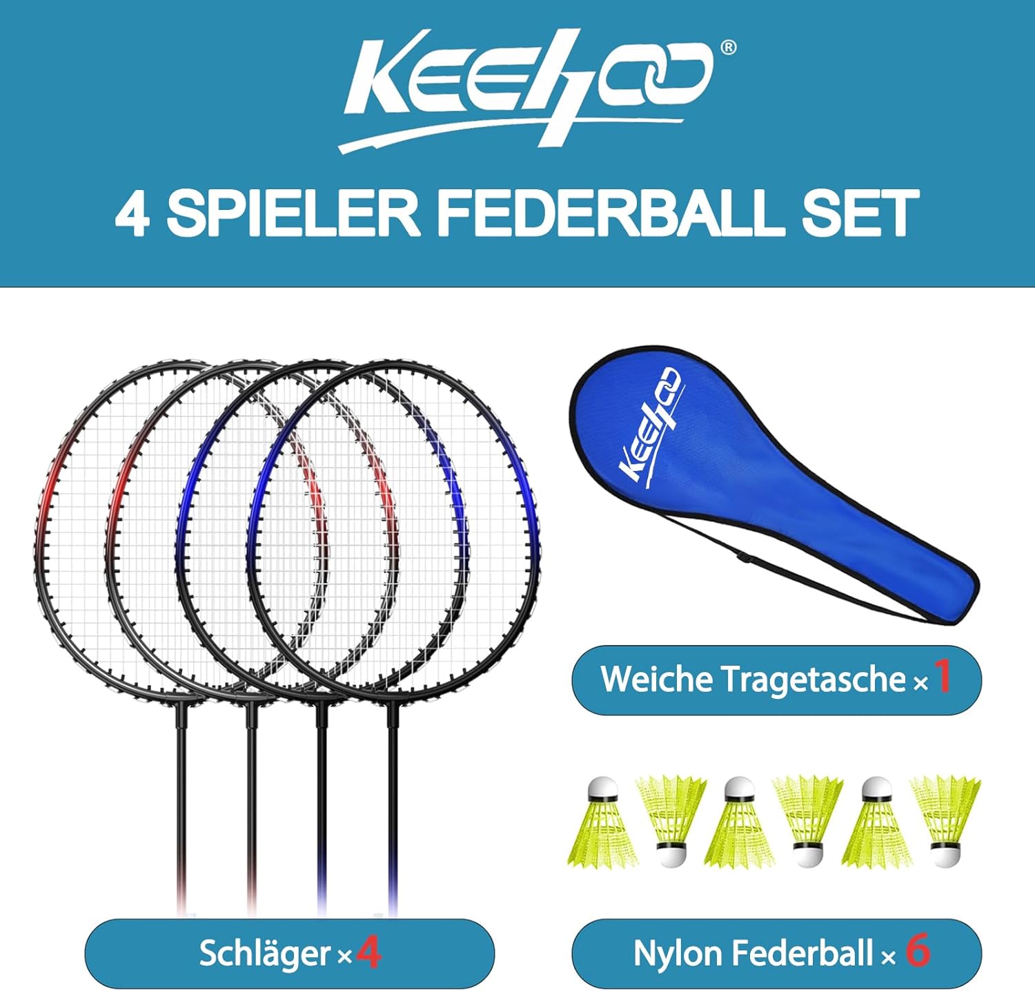 Thumbnail 1 de KH Federball-Set Badminton: 2- oder 4er Schläger-Set inkl. Federbälle & Tragetasche