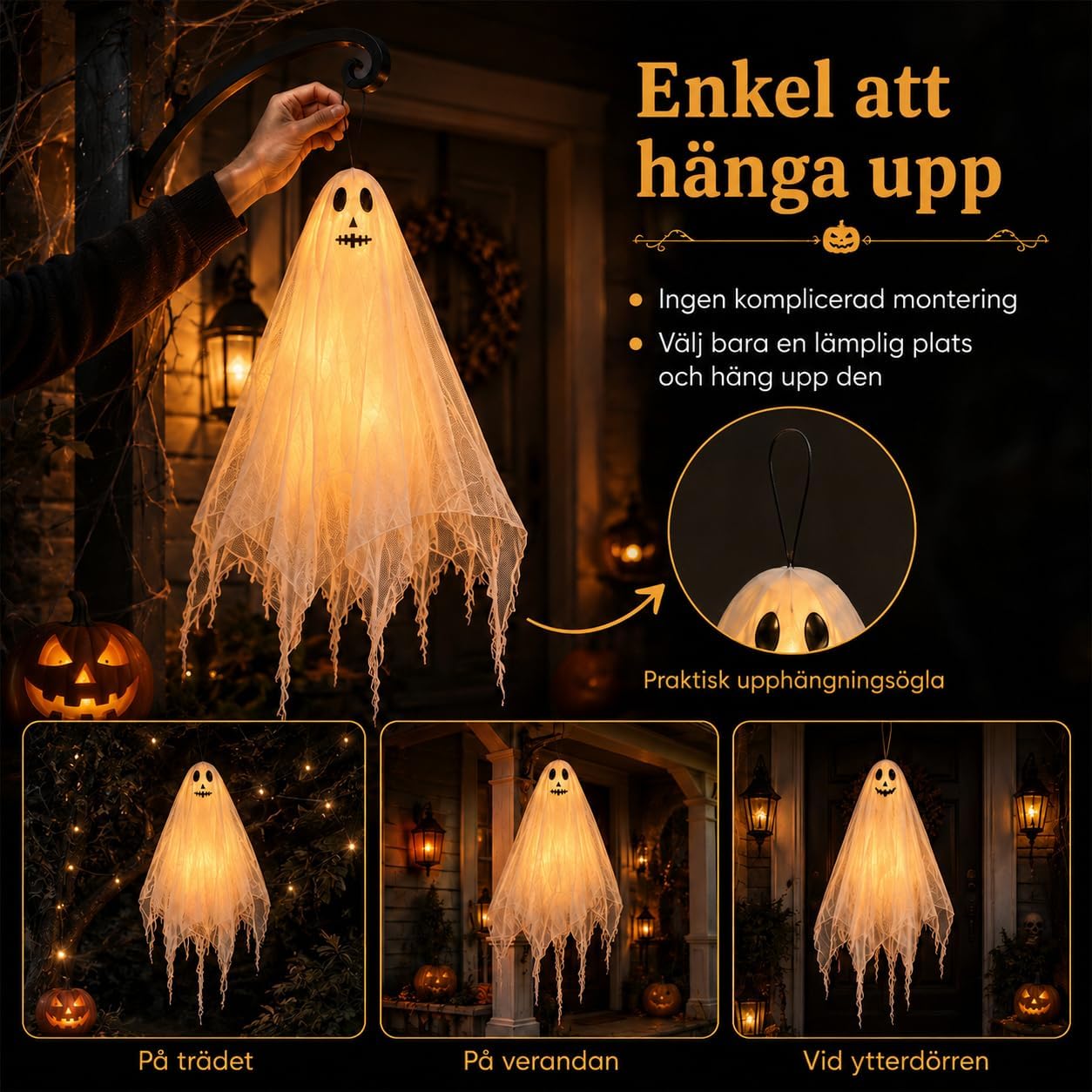 Thumbnail 5 de ShadowRealmTech 067 – hängande Halloween-spöken med varmvit LED och tre ljuslägen