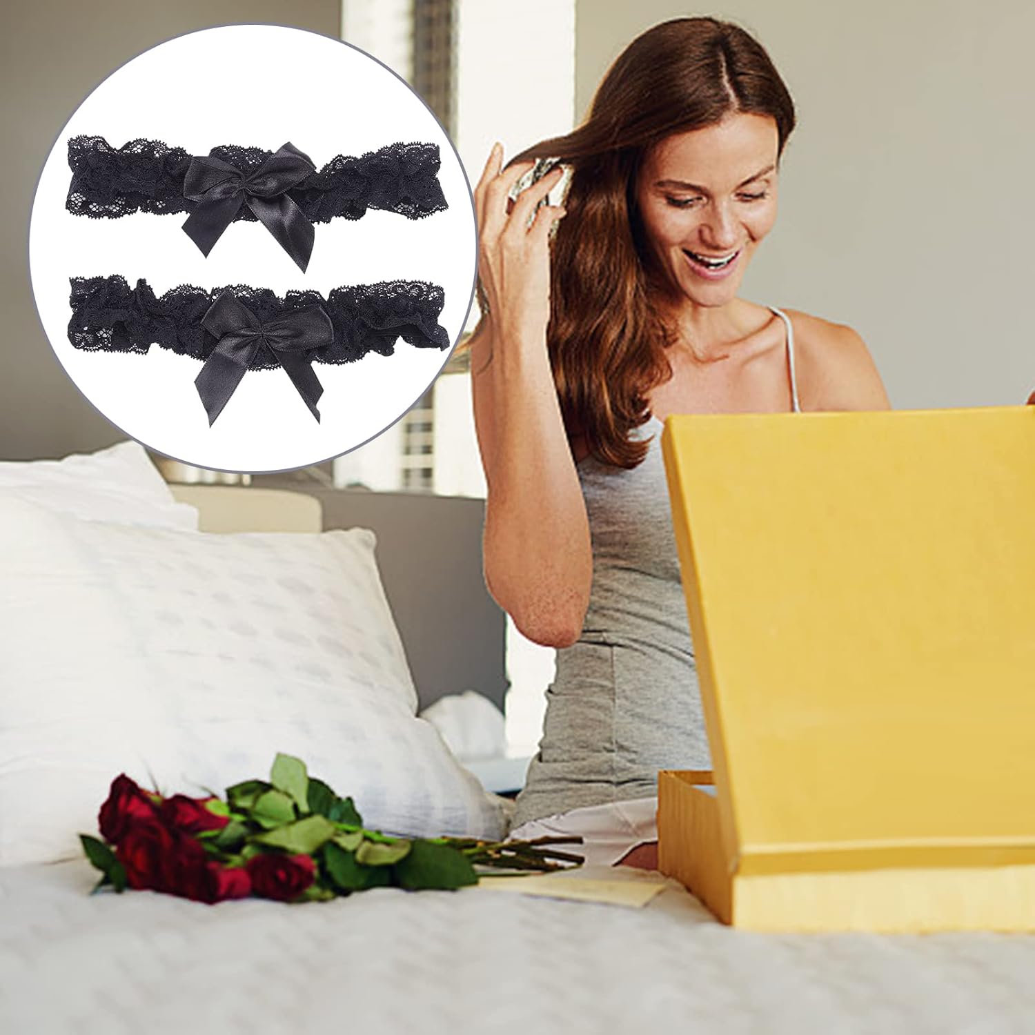 Thumbnail 5 de WEBEEDY 2-pack lace wedding garters with black bowknot