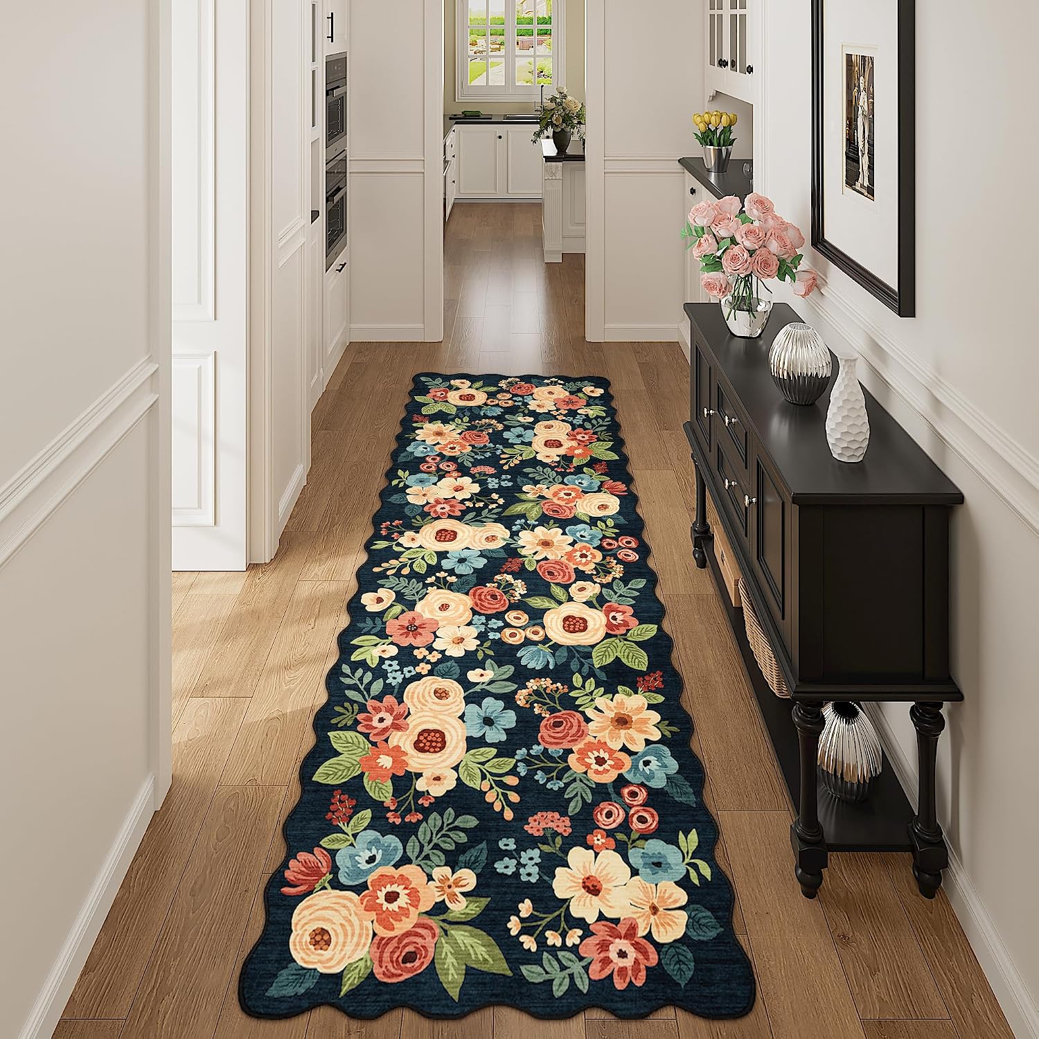 Detalle de DUKINO 2x10 Runner Rug for Hallway: Navy Blue, Non-Slip, Washable Floral Boho Style