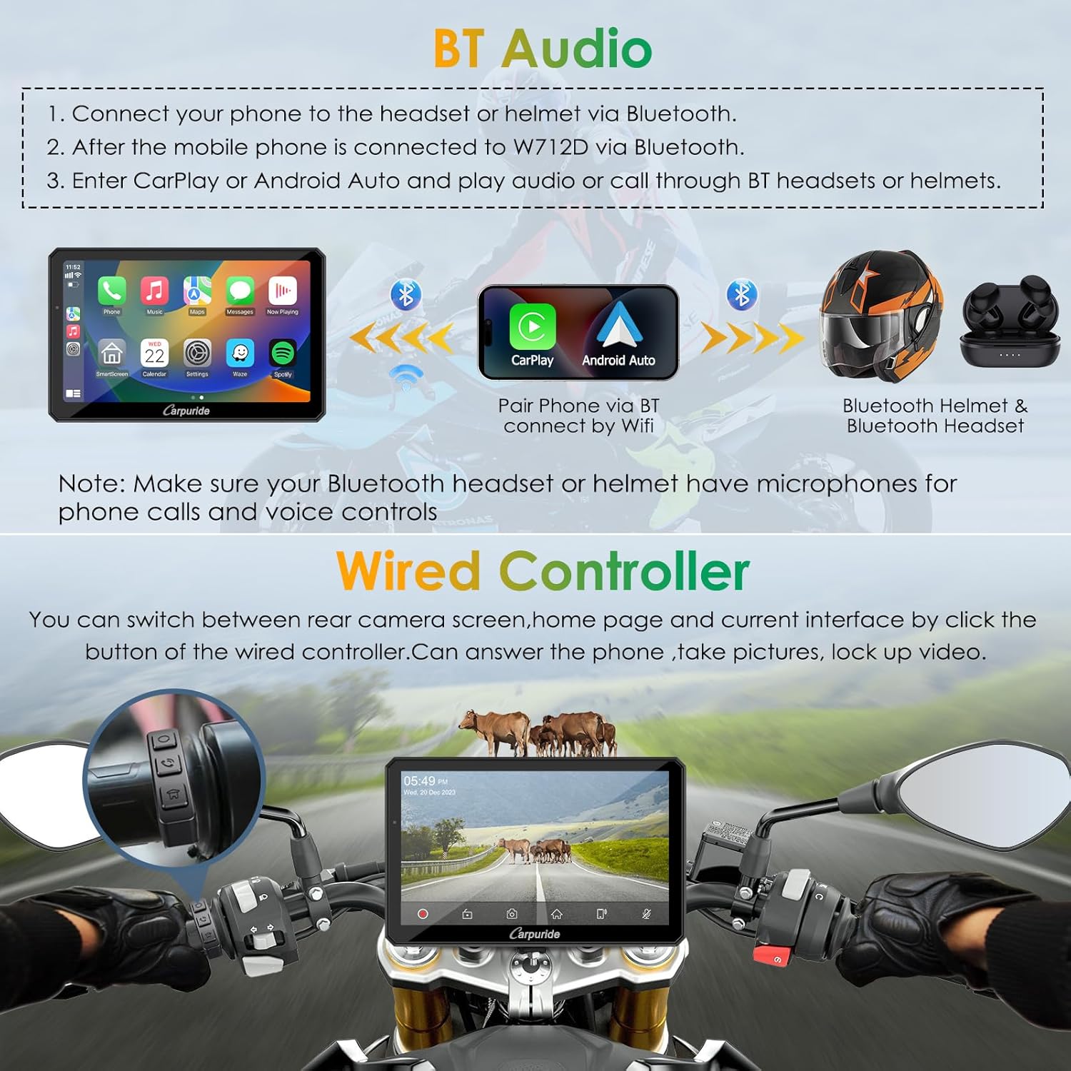 Thumbnail 3 de Carpuride W712D 7-Inch Motorcycle CarPlay Screen with Dual Dash Cam (HD 1080) + Wireless CarPlay/Android Auto