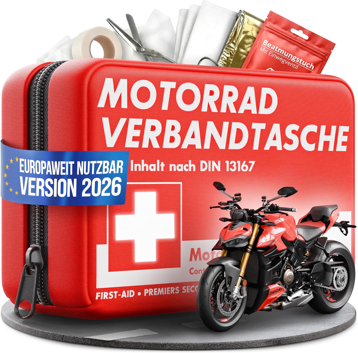 Detalle de Heldenwerk Erste Hilfe Set Motorrad nach aktueller Norm 2026 inkl. Beatmungstuch – Mini Verbandskasten DIN 13167 (StVZO konform)
